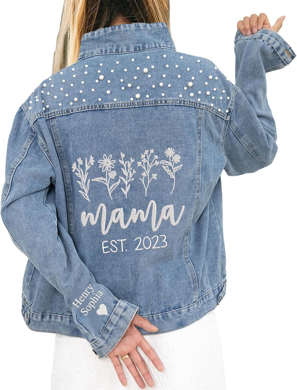 Custom Wildflowers Mama Jean Jacket, Embroidered Denim Jacket For Mama, Mom Jean Jacket Custom Name With Pearls, Customized Kids Name On Sleeve, Denim Jacket With Pearls For Women, Blue Jean Jacket