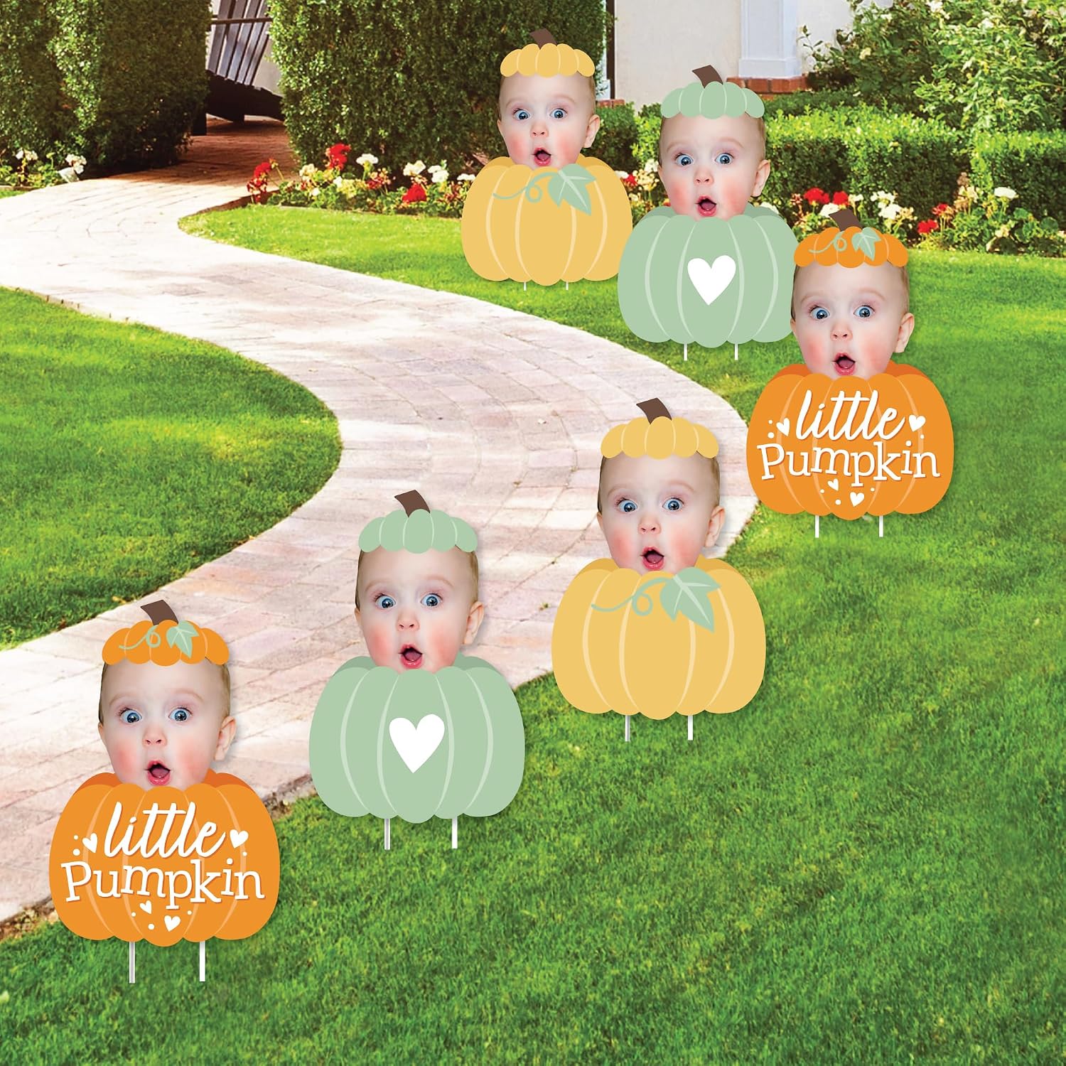 Big Dot of Happiness Custom Photo Little Pumpkin - Fun Face Lawn Decorations - Fall Birthday Party Outdoor Yard Signs - 10 Piece