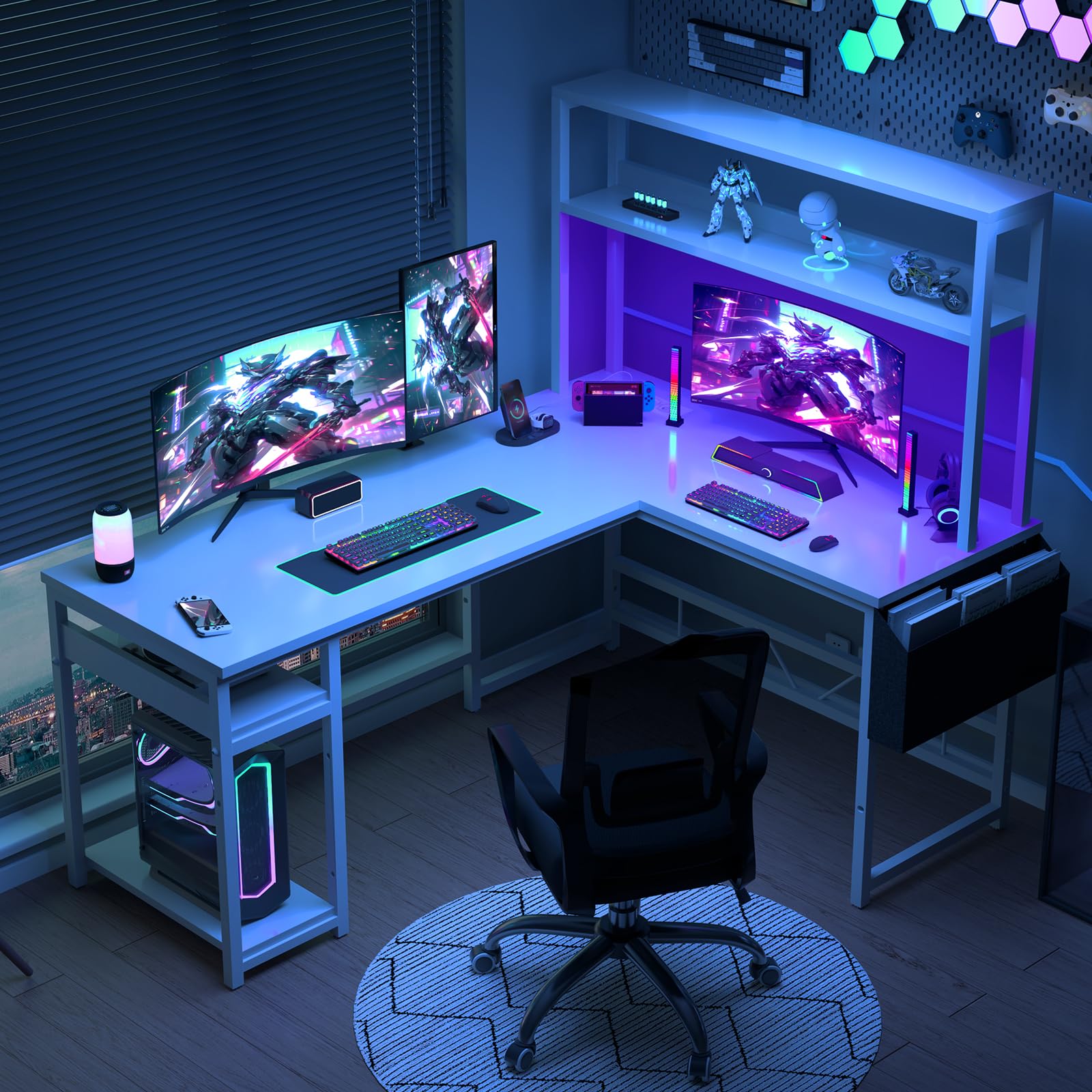 Devoko Escritorio de Juego con LED, Escritorio de Esquina Escritorio de Juego con 2 enchufes y 2 Puertos USB, Escritorio de Ordenador con Almacenamiento, Marco de Acero, 160 x 120 cm, Blanco