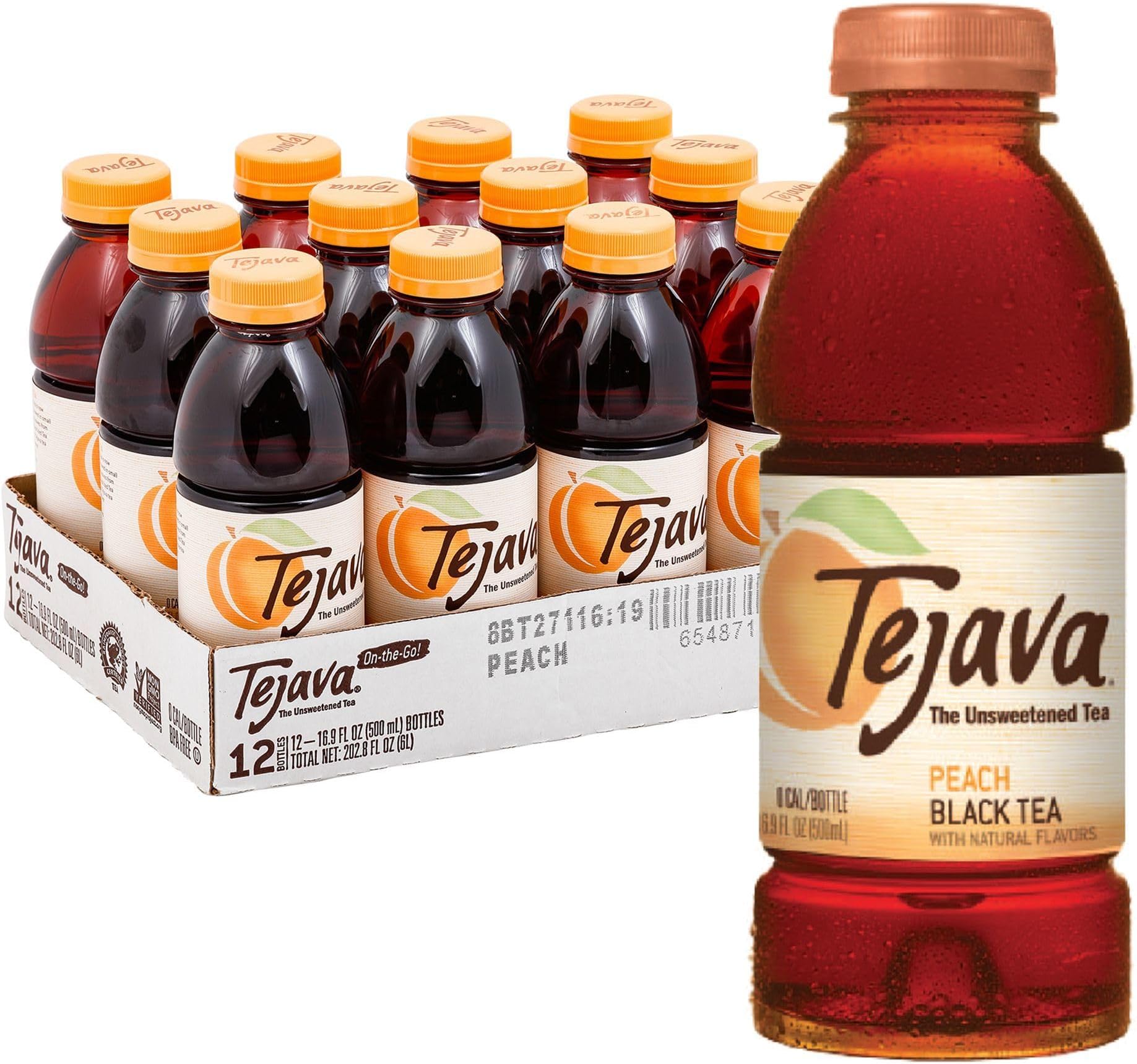Tejava Unsweetened Iced Tea, Peach, 16.9oz PET Bottles, Award Winning, Non-GMO-Verified, from Rainforest Alliance-Certified farms (12 Pack)