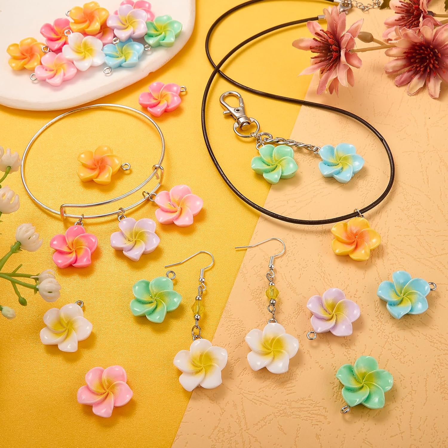 42Pcs 7 Colors Flower Charms for Jewelry Making Bulk Small Charms Iron Resin Round Pendants for Bracelet Necklace Earring Keychain DIY Supplies - Image 4