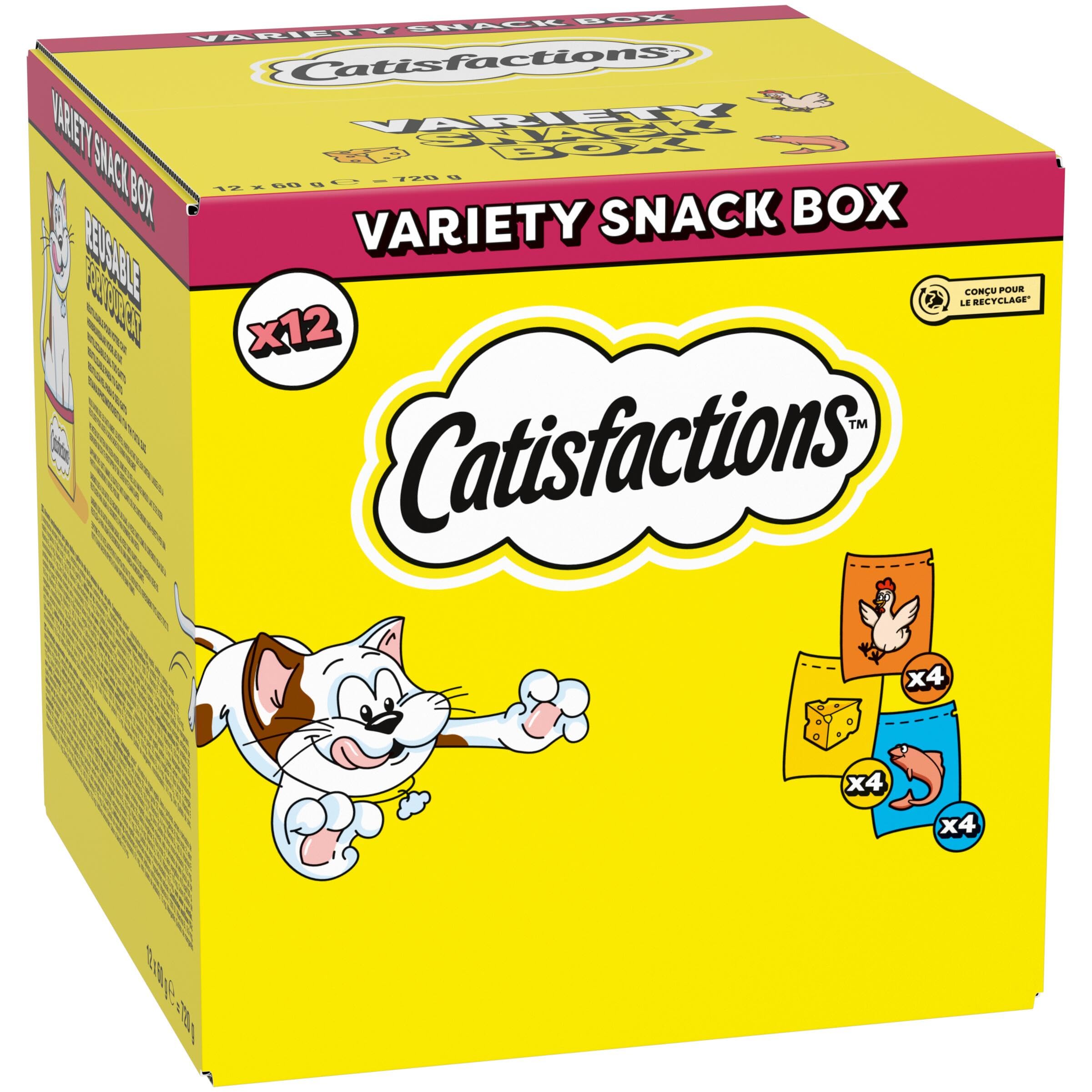 Catisfactions Snack per Gatto, Confezione mista Pollo Formaggio Salmone, 12 x 60 g