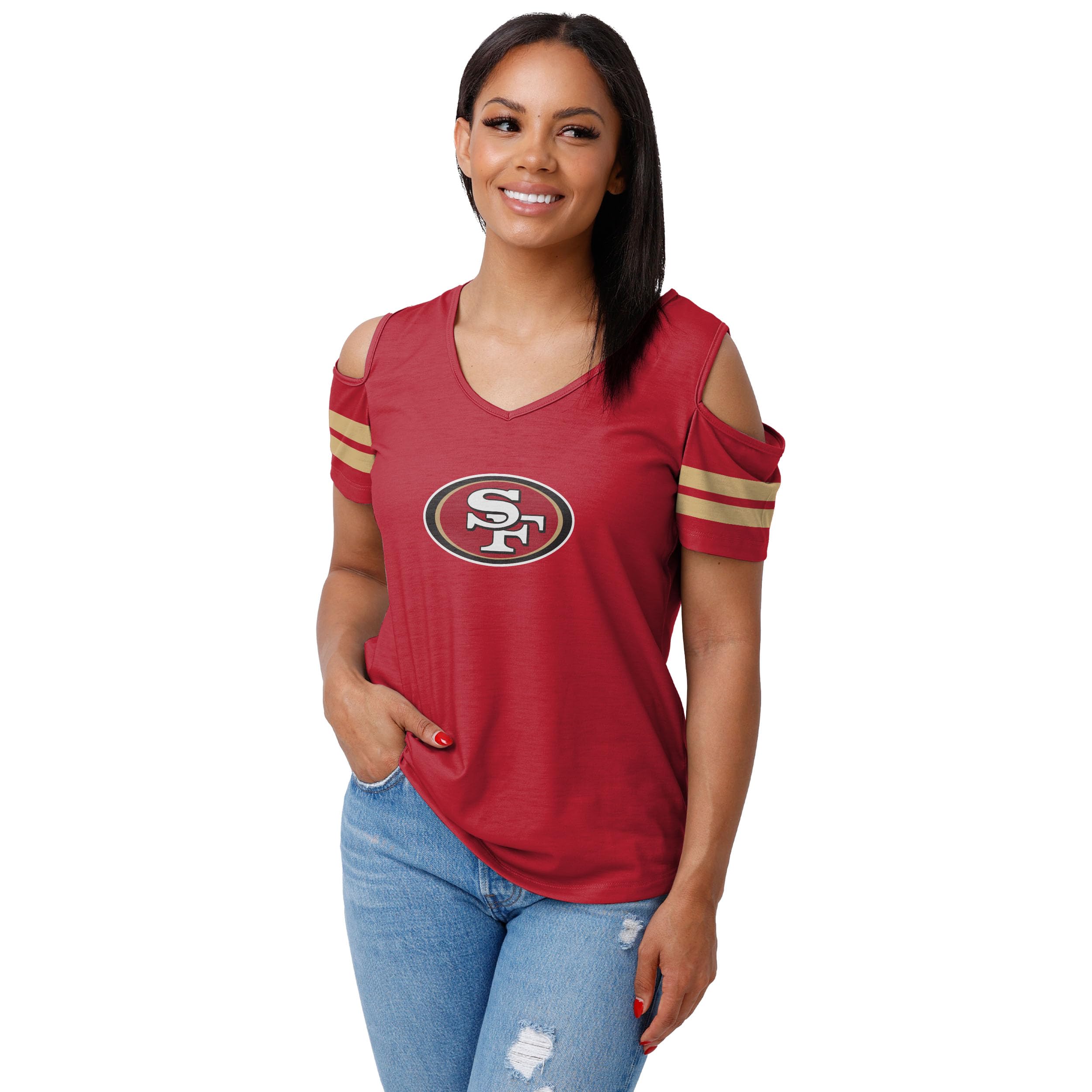 FOCO NFL Womens NFL Ladies Fashion Cold Shoulder Top Shirt