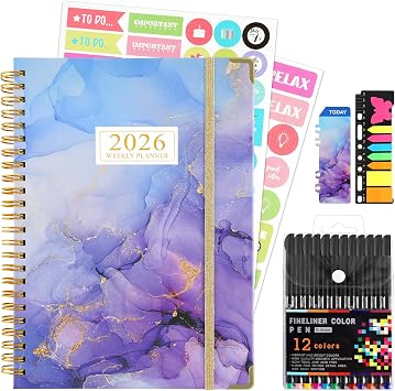 2026 Planner, Daily Weekly Monthly Planner with Tabs, 2026 monthly planner with Color Pen, Sticky Notes and Stickers, 6.2" x 8.5", Durable Twin Wire Binding, Storage Pocket - Purple Marble