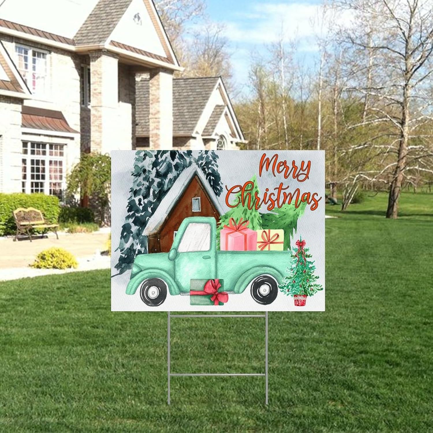 Merry Christmas Red Truck Snow House Corrugated Plastic Decorative Yard Sign with Metal H-Stakes Farmhouse Xmas Street Welcome Lawn Yard Signs for Outside Patio Garden Decor 18x24in