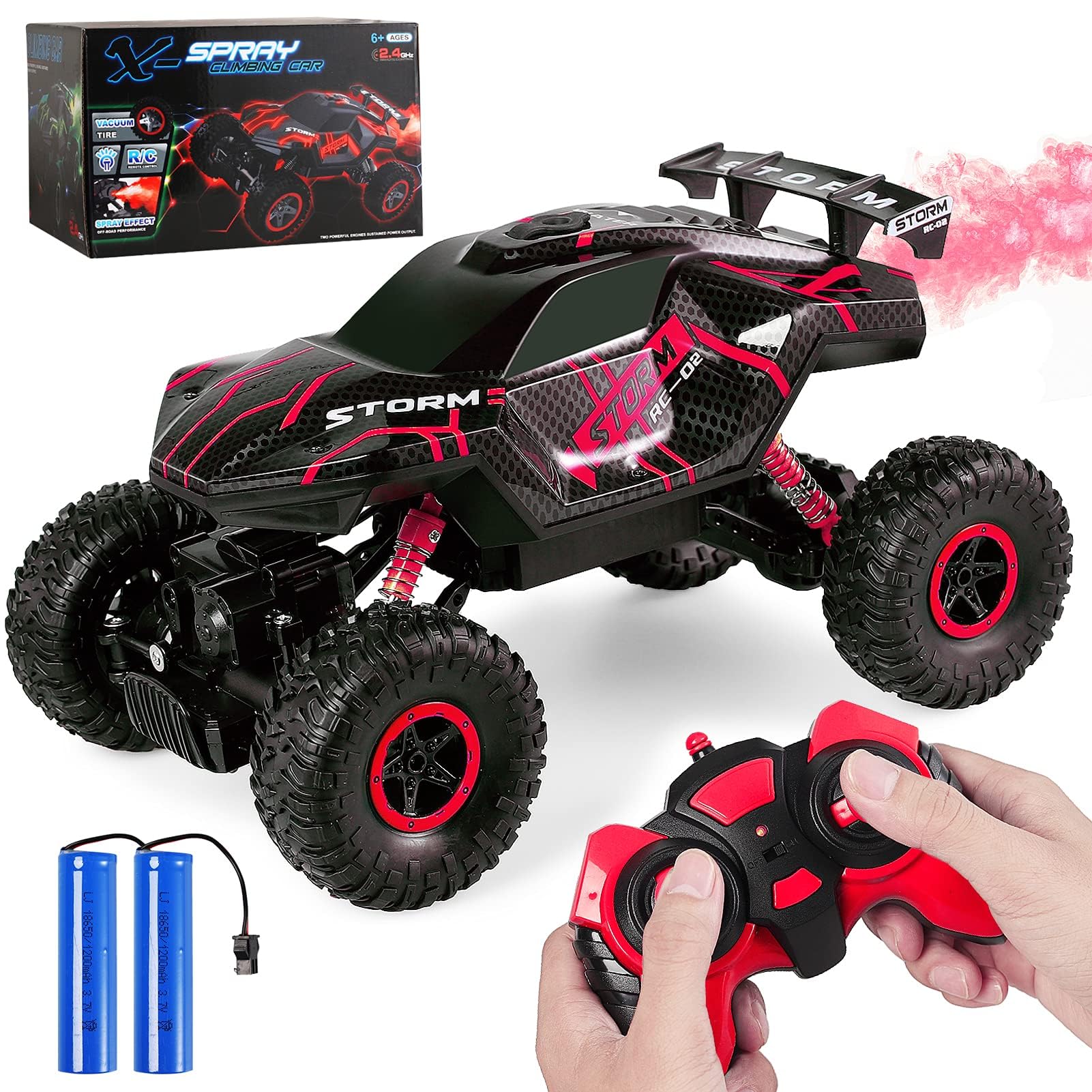 Herefun Zdalnie sterowany samochód RC 2,4 GHz 4WD LED z sprayem, ładowany, terenowy, dla dzieci od 5 lat