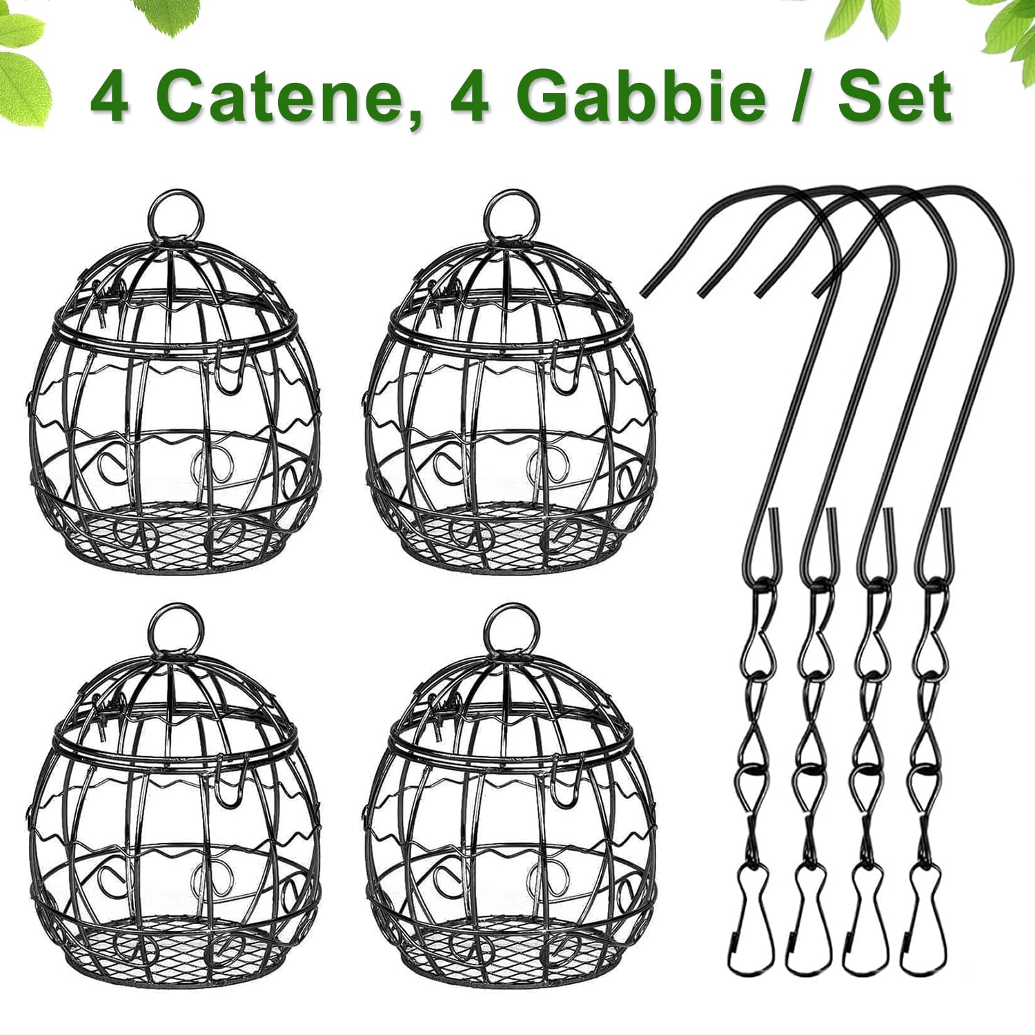 4 Mangeoires à Boules De Graisse Pour Oiseaux - Support Métallique Noir Avec Crochet S - Diamètre 7 Cm - Pour Balcon, Jardin, Forêt