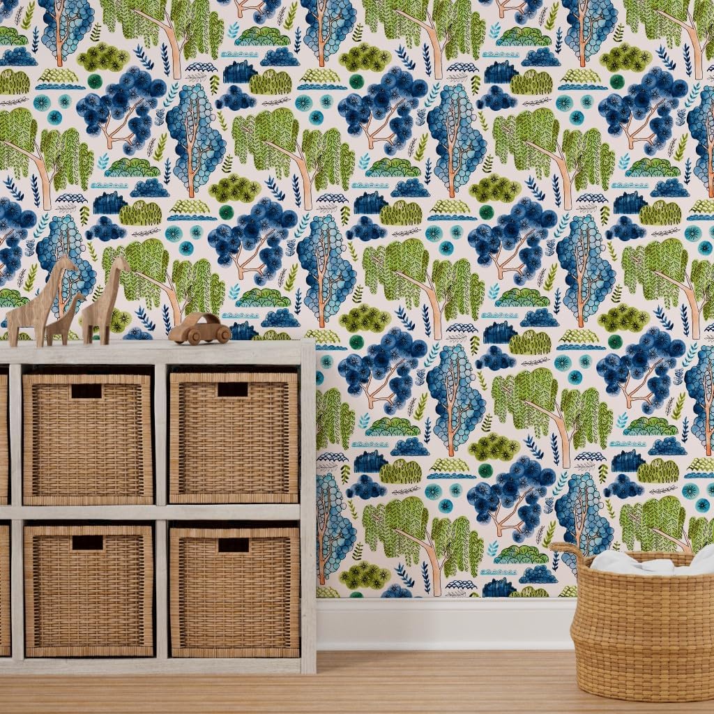 Removable Wallpaper 9ft x 2ft - Cute Watercolor Chinoiserie Garden Green Blue Nature Trees Asian Style Custom Pre-Pasted Wallpaper by Spoonflower