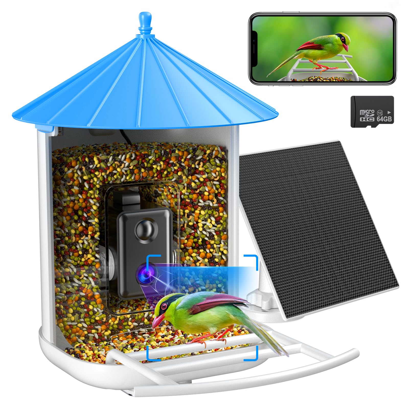 Bird Feeder with Camera,Smart Bird Feeder with Camera Wireless Outdoor, Bird House Camera with 64GB SD Card,External Solar Panel,1080P HD, Auto Capture Bird Videos,AI Identify Bird Species,APP