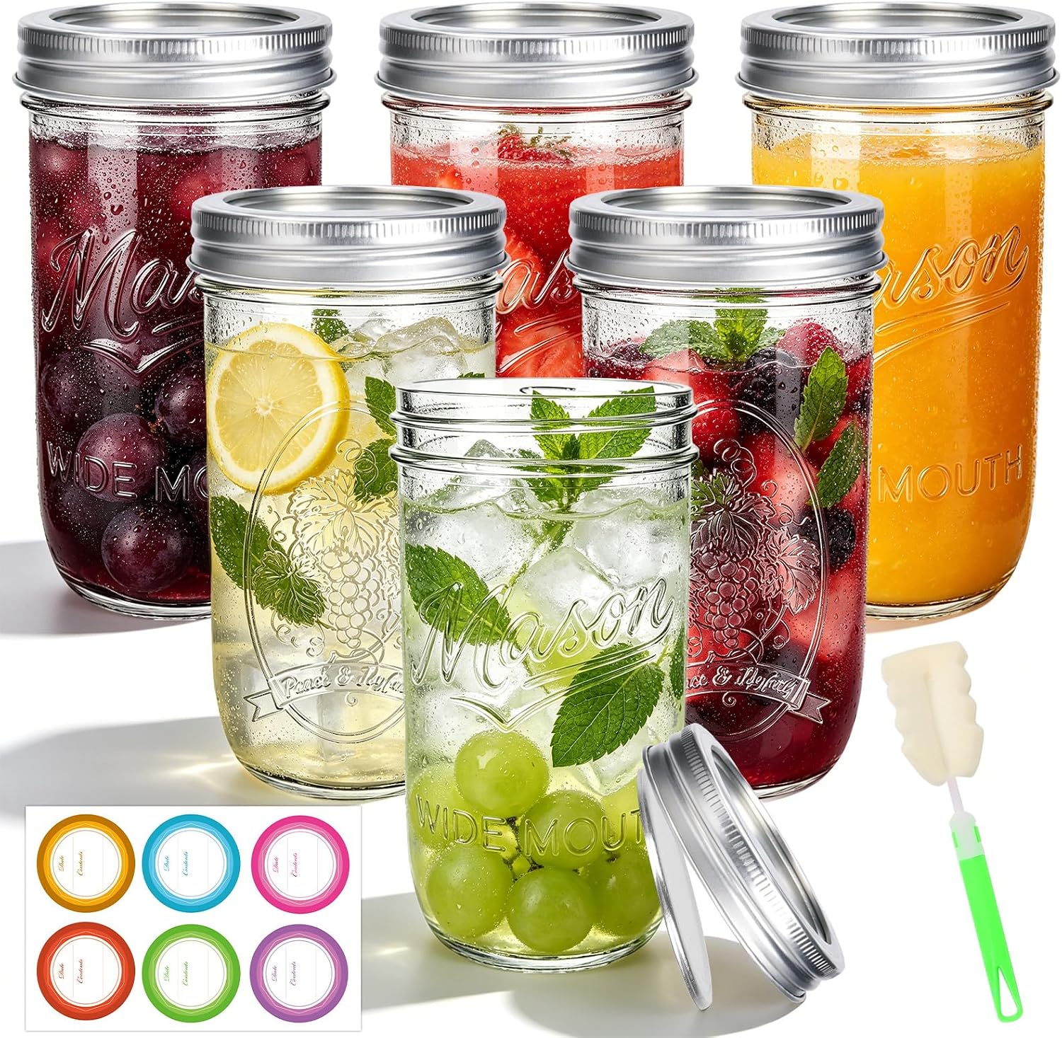 20 oz Wide Mouth Mason Jars 6-Pack with Embossed Pattern & Volume Marks