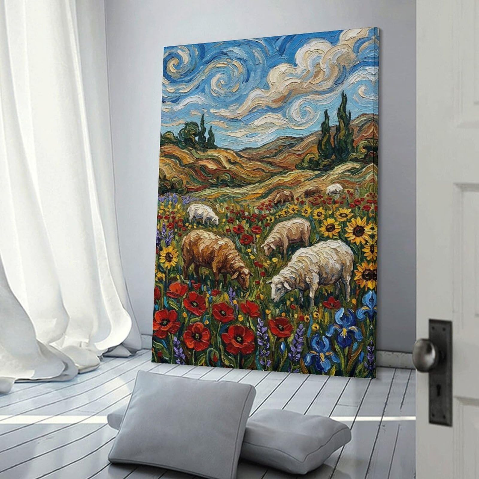 Junmoney Sheep Grazing in A Field of Flowers Room Decor Wall Art, 08x12inch(20x30cm), for Hallway, Lounge Or Guest Room, Gift Idea for Housewarming And Birthdays
