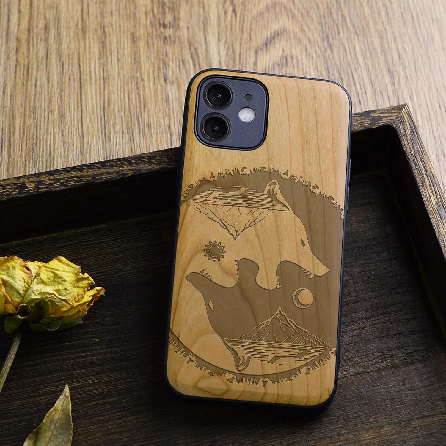 Carveit Magnetic Wood Case for iPhone 12 Case [Natural Wood & Soft TPU] Shockproof Protective Unique & Classy Wooden Cover Compatible with MagSafe (Wolf-Tai Chi -Cherry)