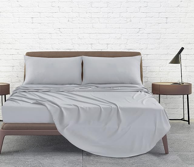 Linen Home Double Bed Sheet Set - 4Pcs Easy Care Brushed Microfiber Sheet Set Double Size Super Soft Wrinkle Free Bedding Set- Flat, Fitted Sheets & Pillowcases (Double, Silver)