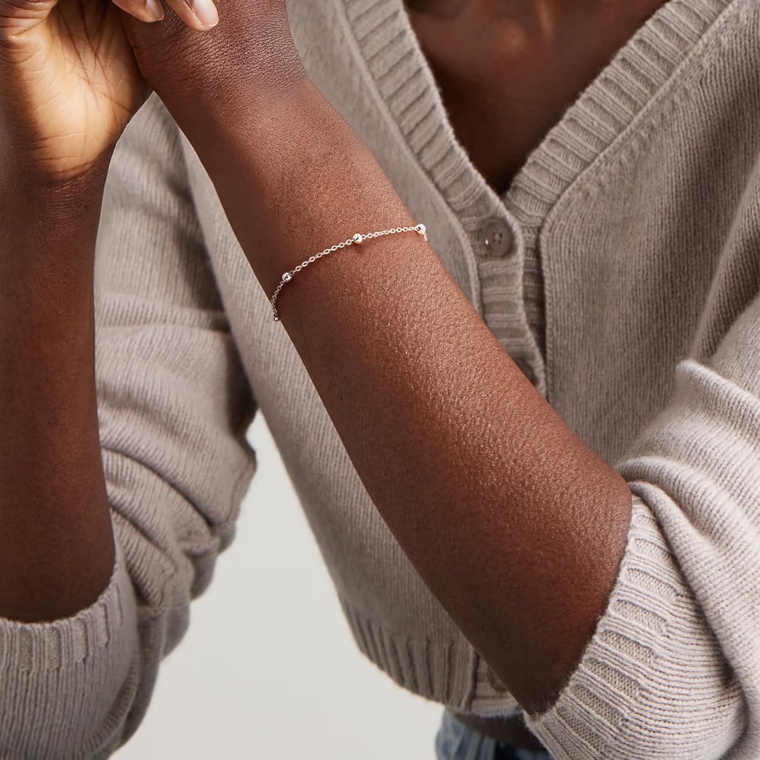 IEFWELL S925 Sterling Silver Bracelet for Women - Solid 14K-Real-Gold-Plated Satellite Bead Chain Bracelet, 6.5/7/7.5/8/8.5/9 Inches Sterling Silver Chain Bracelets Jewelry Valentines Gifts for Women - Image 3