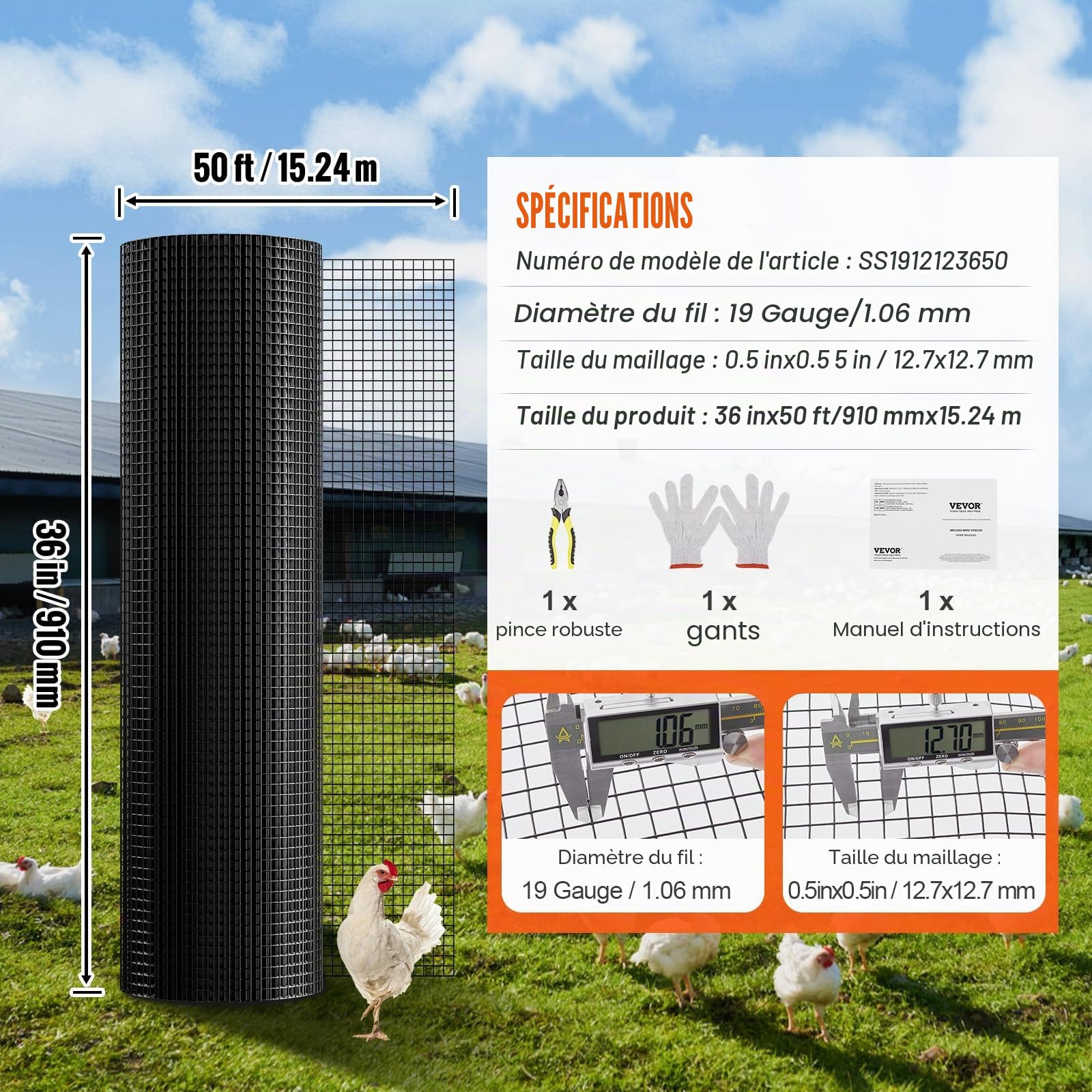 VEVOR Rouleau de grillage galvanisé 0,9x15 m grillage à poules 12,7x12,7mm Carré Galvanisé maille métallique à revêtement 1,06mm vinyle pour barrières de poulaillers enclos de volailles