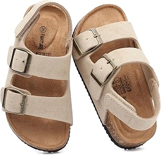 FANTURE Kids Sandals with Arch Support, Genuine Leather Cork Footbed Slides for Boys Girls Toddler, Adjustable Double Strap with Backstrap, Non Slip Summer Beach Shoes