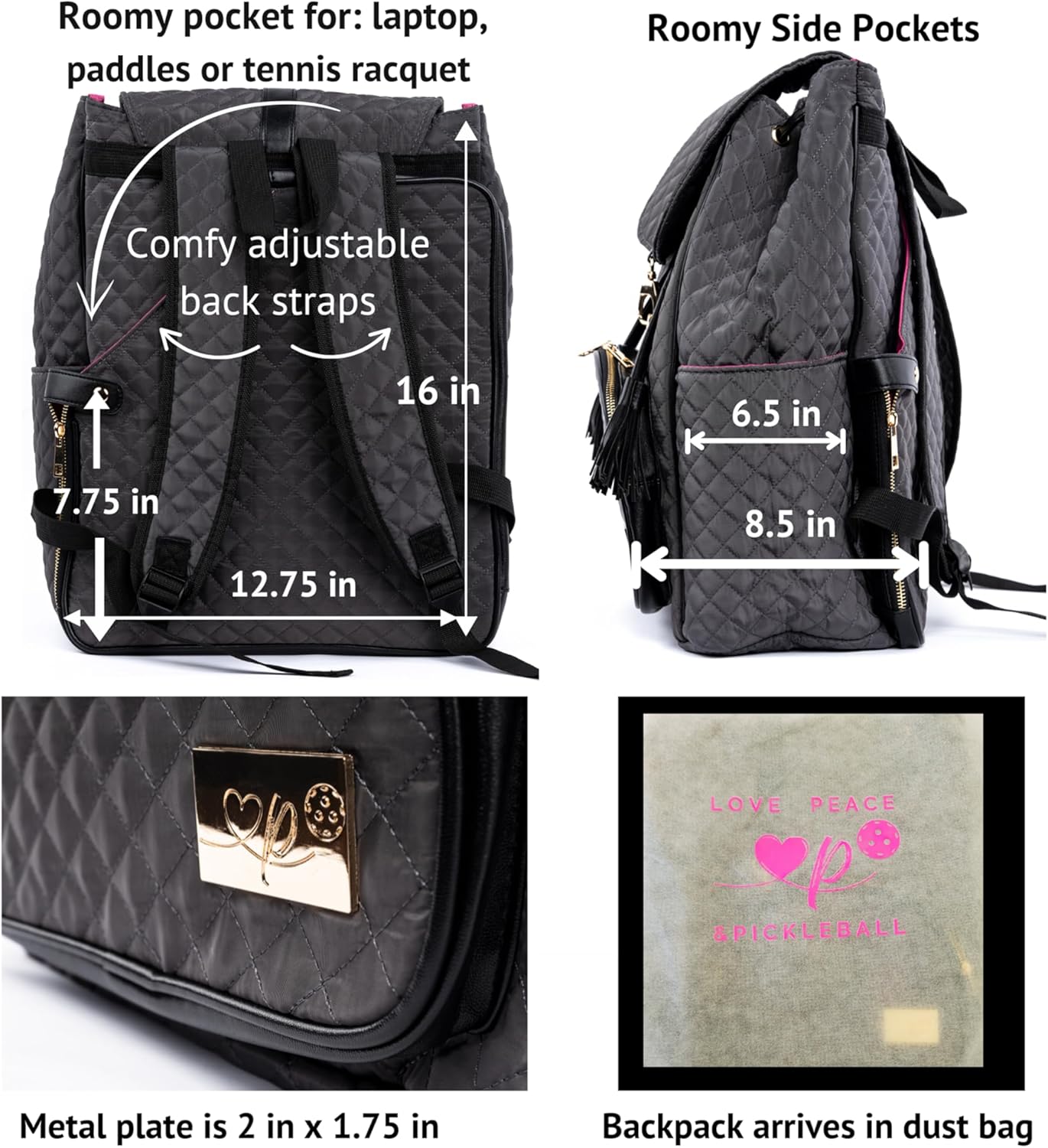 Genie Pickleball Backpack - Love Peace and Pickleball Backpack - Quilted Pickleball Bag for Women, Designer Style Holds Paddles & Laptop, Stylish Sport & 15.8" Travel Bag for Work, Court, and Gym - Image 5