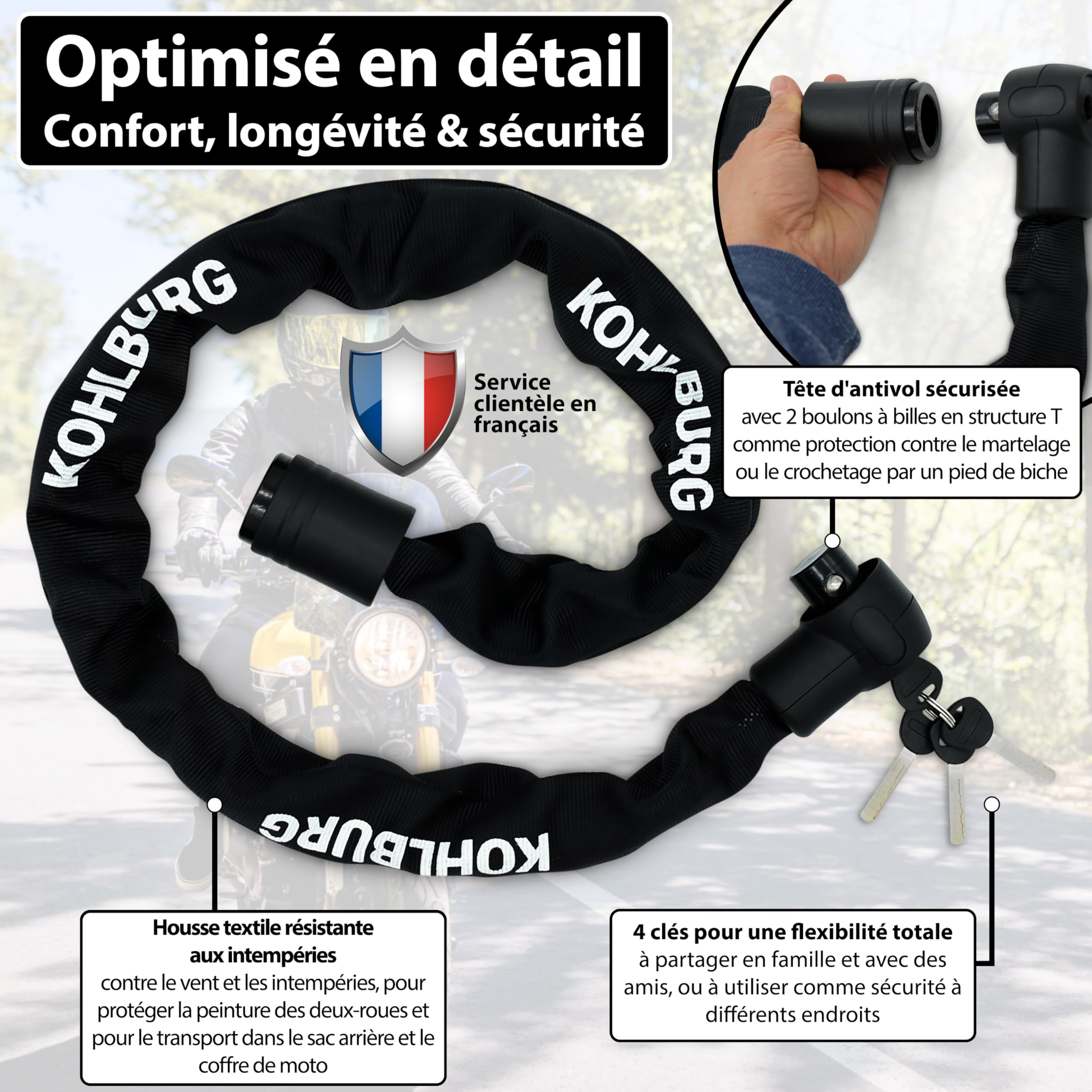 KOHLBURG Antivol à chaîne ultra-résistante [Sold Secure Diamond] 125 cm