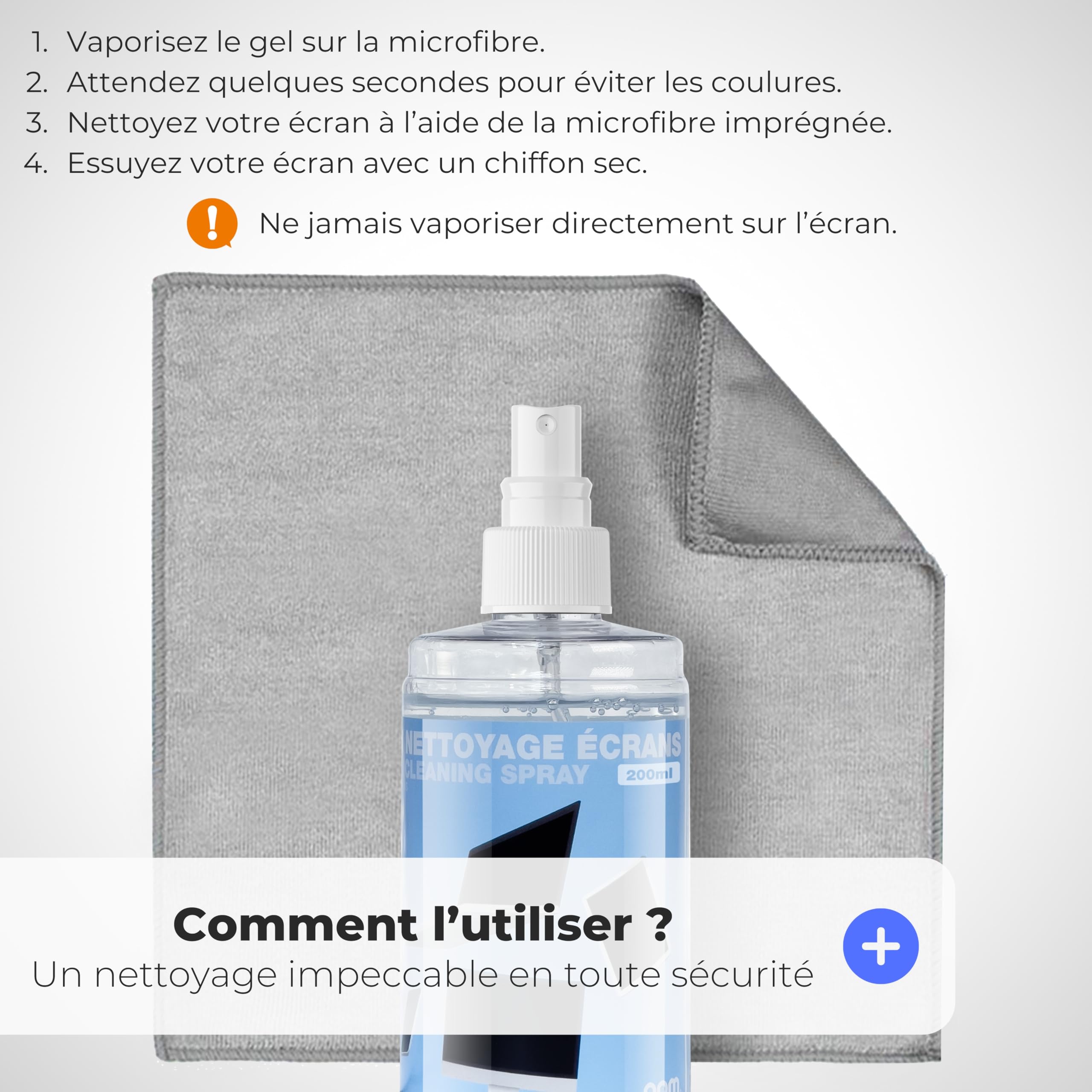 APM Spray Nettoyant Écran TV, PC, Smartphone, Tablette, Texture Gel Sans Alcool, Effet Antistatique, Anti-rayures, Anti-traces, Chiffon Microfibre Inclus, Nettoyage Sécurisé, 200ml, 600105