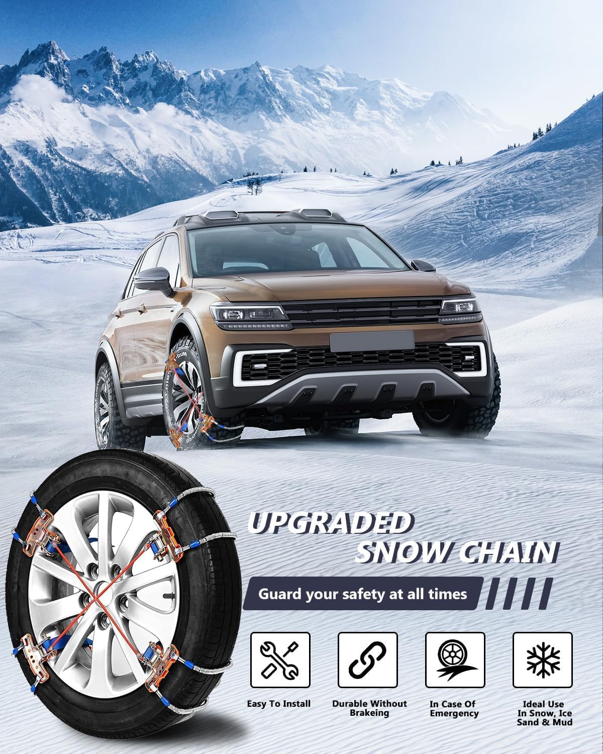 SCITOO Snow Chains Quick Fit Easy Installation,Tire Traction Chain for Car Pickup Trucks SUV,Portable Reusable Adjustable Universal Emergency Anti-Skid Thickening Tire Chains - Set of 8