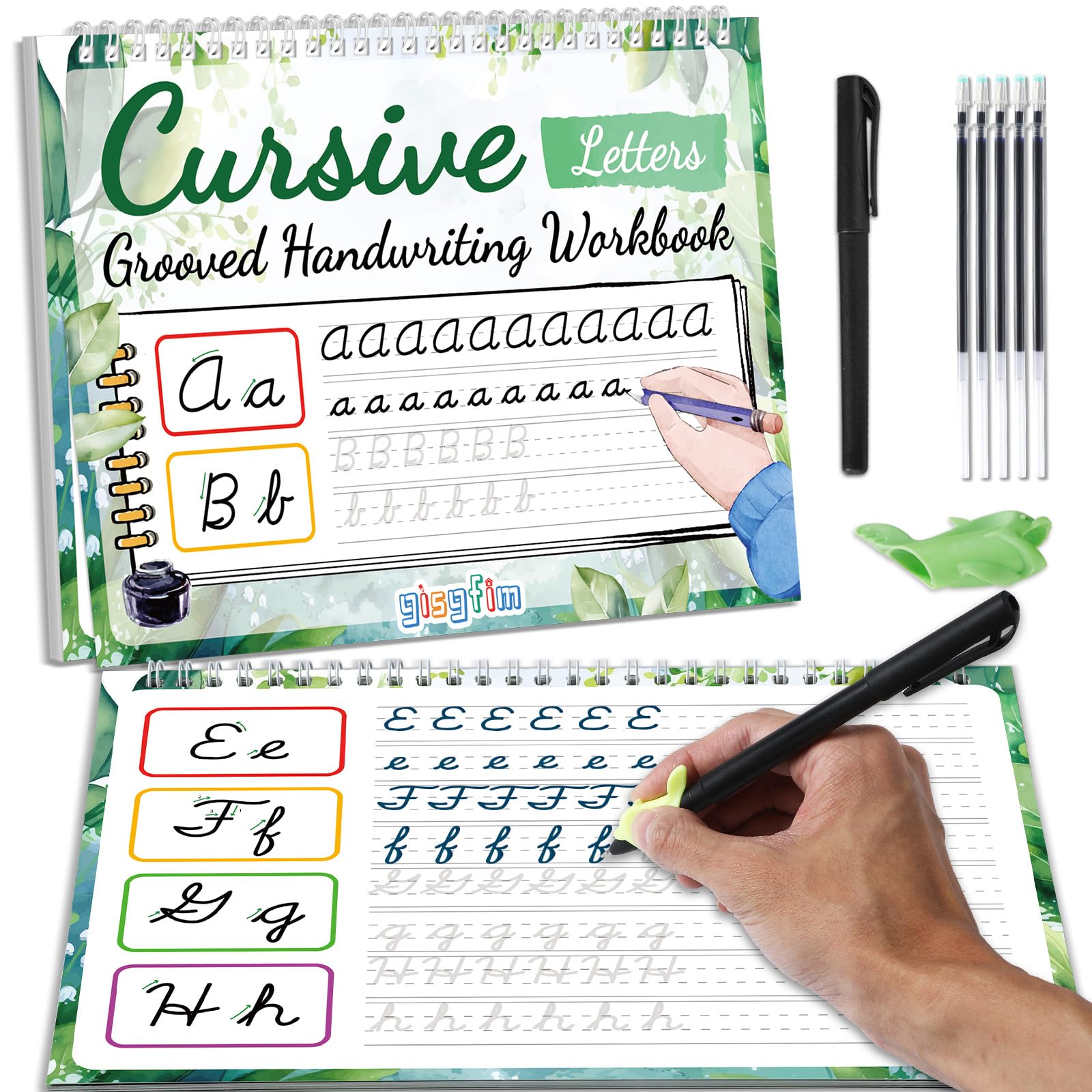 gisgfim Grooved Cursive Handwriting Workbook Magic Reusable Grooved Cursive Handwriting Practice Guided Tracing with Disappearing Ink Pens for Beginners Kids Le