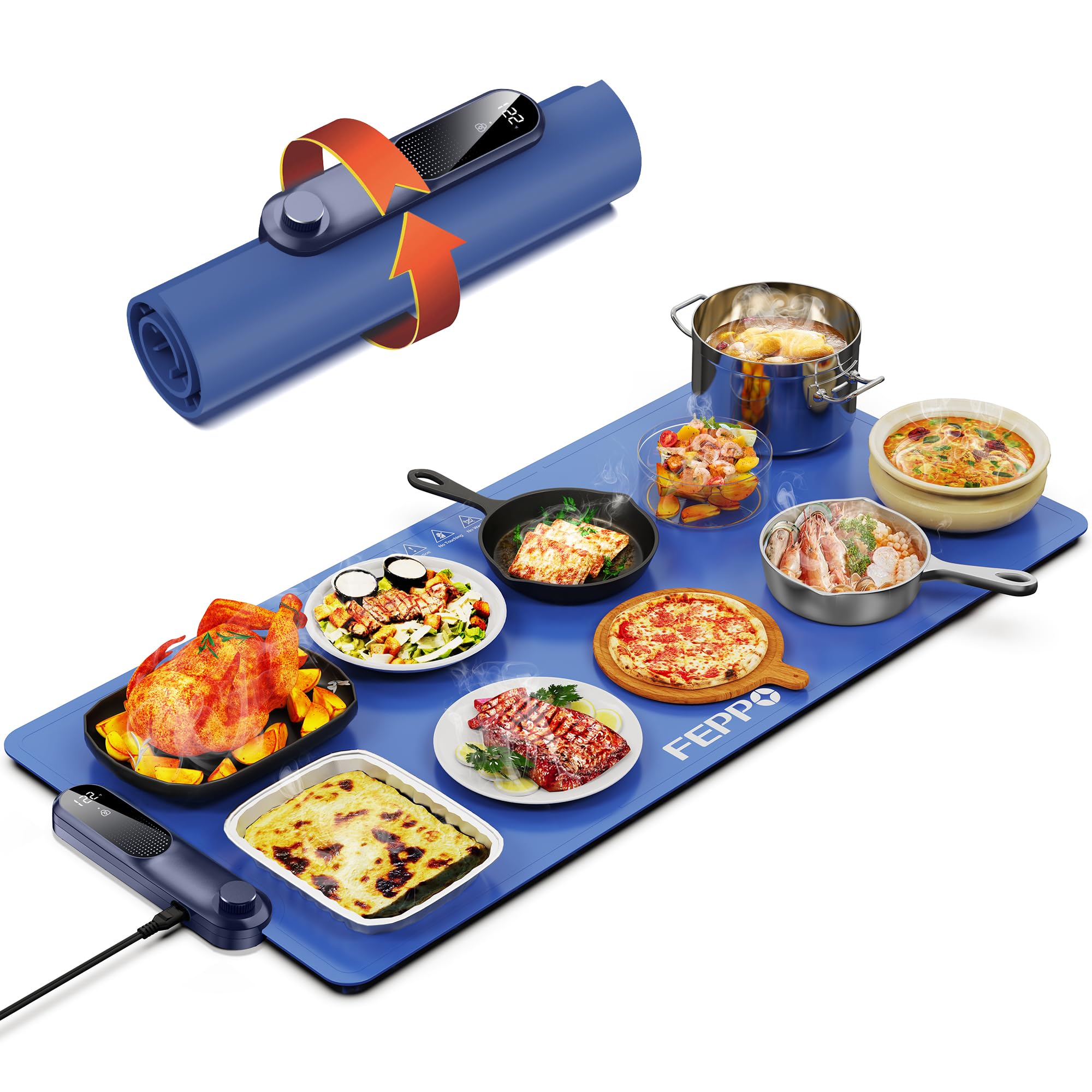 FEPPO Food Warming Mat, (XXL 35”x16”) Electric Warming Trays for Buffets Party, Fast Full-Surface Heating Mat for Food with 19 Level Adjustable Temperature and 6 Hours Timer, Roll Up Food Warmer