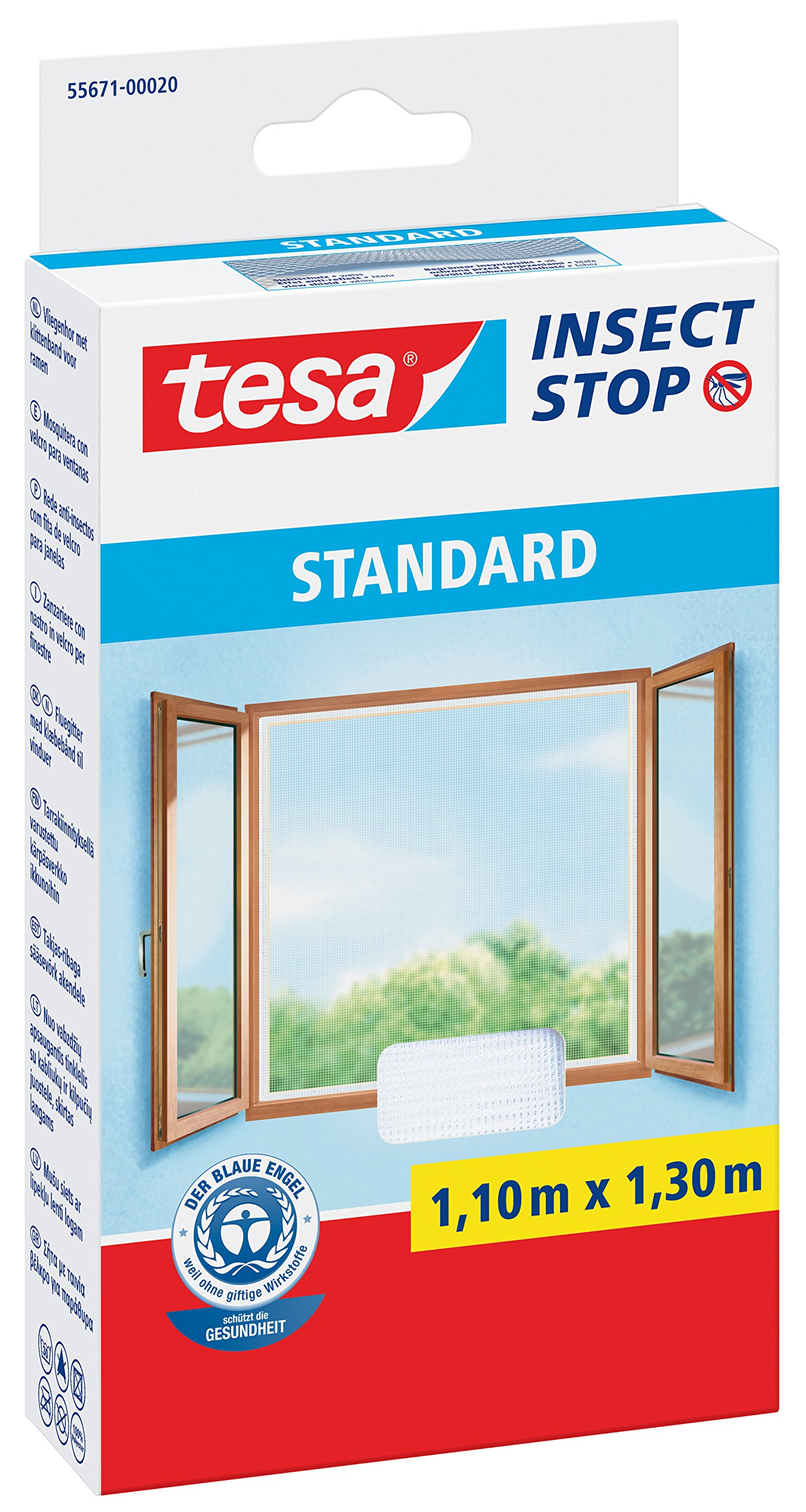 tesa® Insect Stop Fliegengitter STANDARD für Fenster, leichter Sichtschutz (1,10 m x 1,30 m / 5er Pack, weiß)