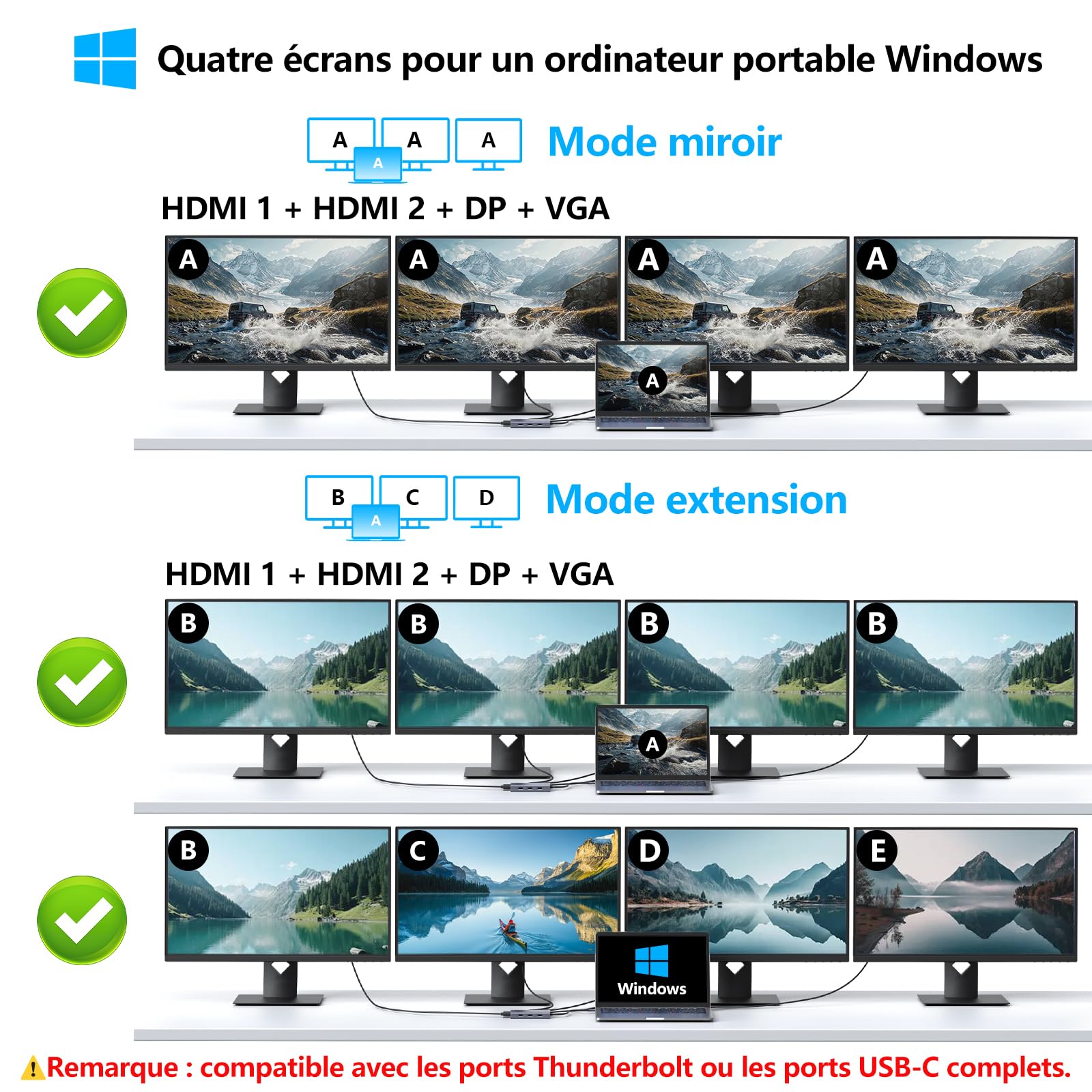 Dock USB C Double Moniteur, 9 en 1 Station d'accueil USB C Dual HMDI 4K 60Hz et 8K Displayport, VGA, PD 100W, USBC, USB 3.0, 2*USB 2.0, Docking Staion Hub USB C pour MacBook Dell HP Windows Microsoft