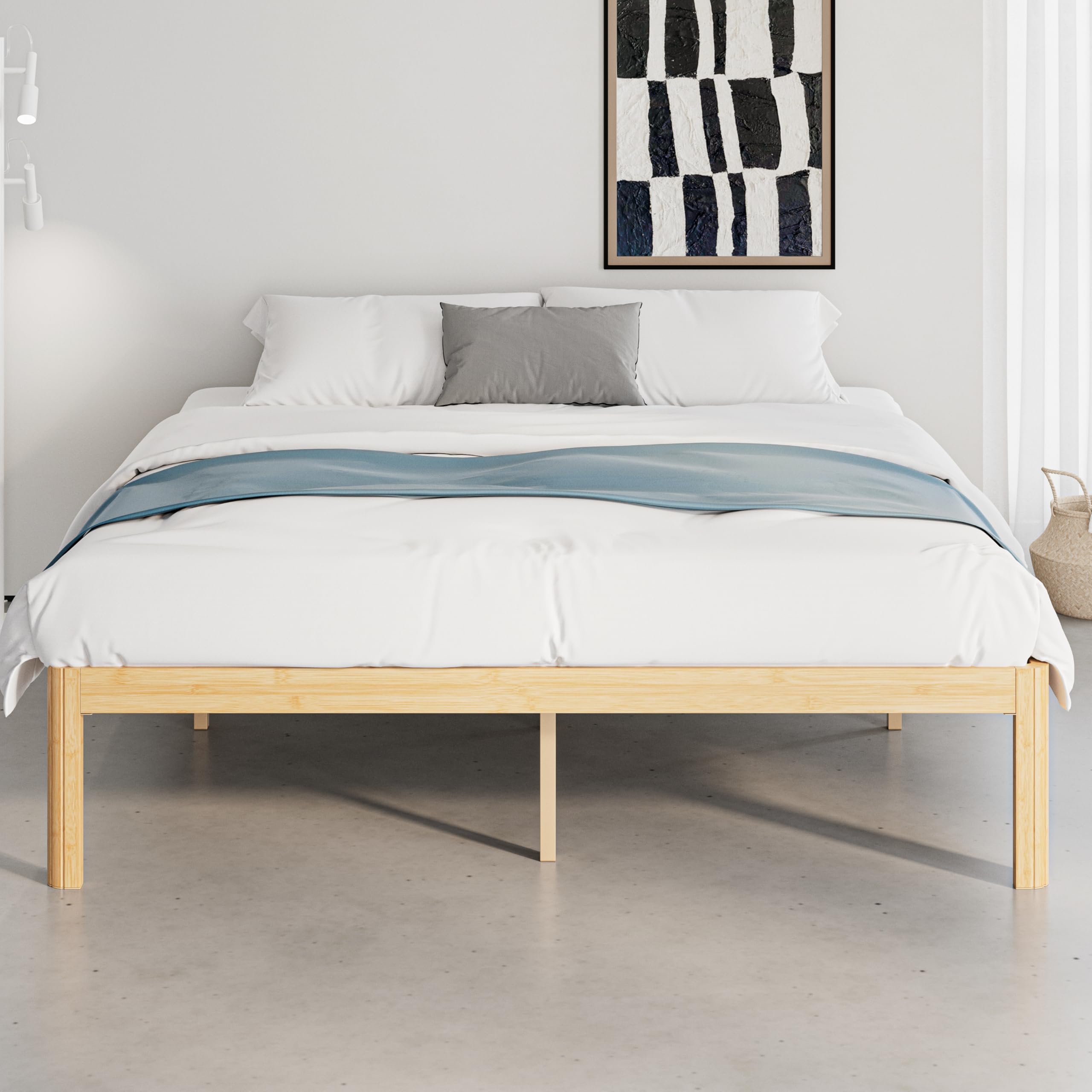 QFtime Bamboo Wood King Size Bed Frame with Metal Slats Support, Platform King Bed Frame, Easy to Install, Noise Free, Sturdy, 44 cm High