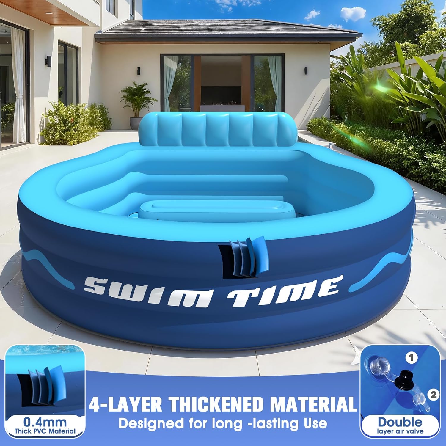 Inflatable Pool with Seats and Headrest,Oversized Thickened Large Blow Up Pool for Audlt,Inflatable Backyard Pools for Adult,Durable Swim Center Inflatable Family Lounge Pool 90"×90"×20"-Blue