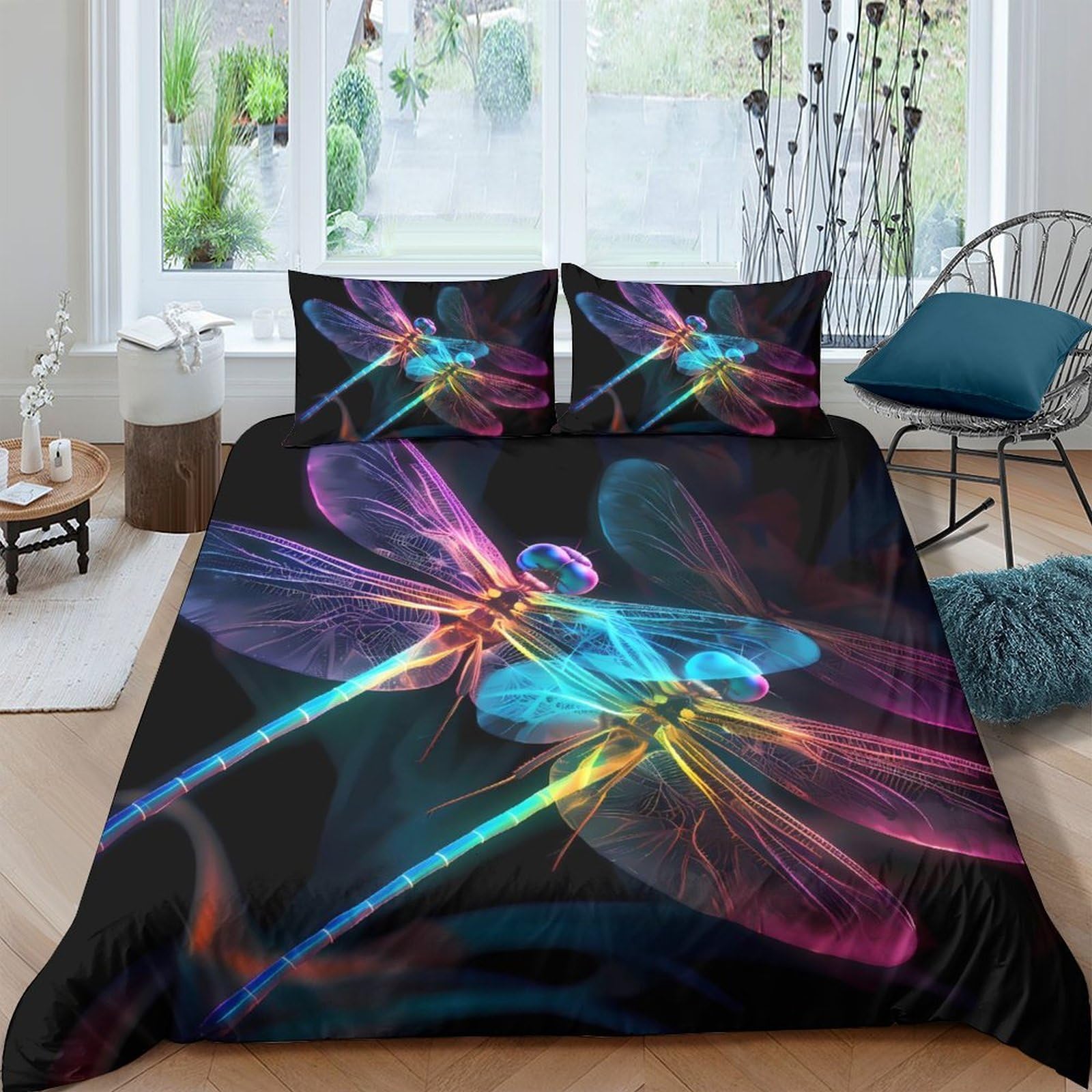 Ctjqhvkz Style-8 3D Printed Neon Dragonfly Fitted Sheet Microfiber Soft Breathable Abstract Bed Cover For Bedroom Dorm Decor Single（135X200cm）