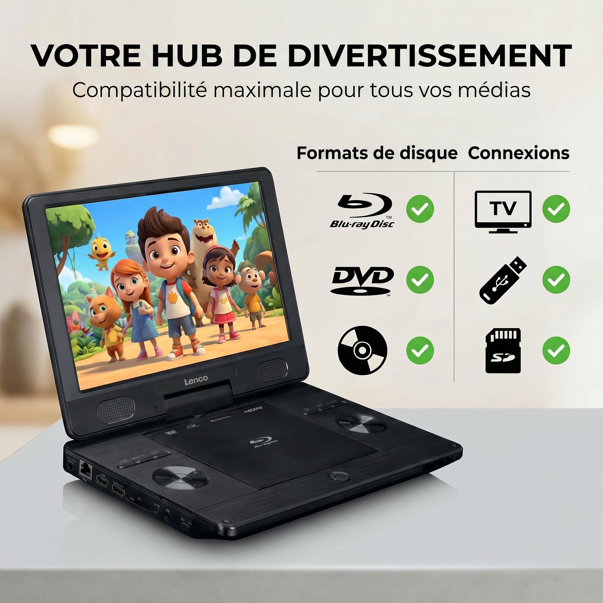 Lenco BRP-1150BK Lecteur Blu-Ray Portable 11,5" écran TFT 1024x600 Pixels Batterie intégrée Noir