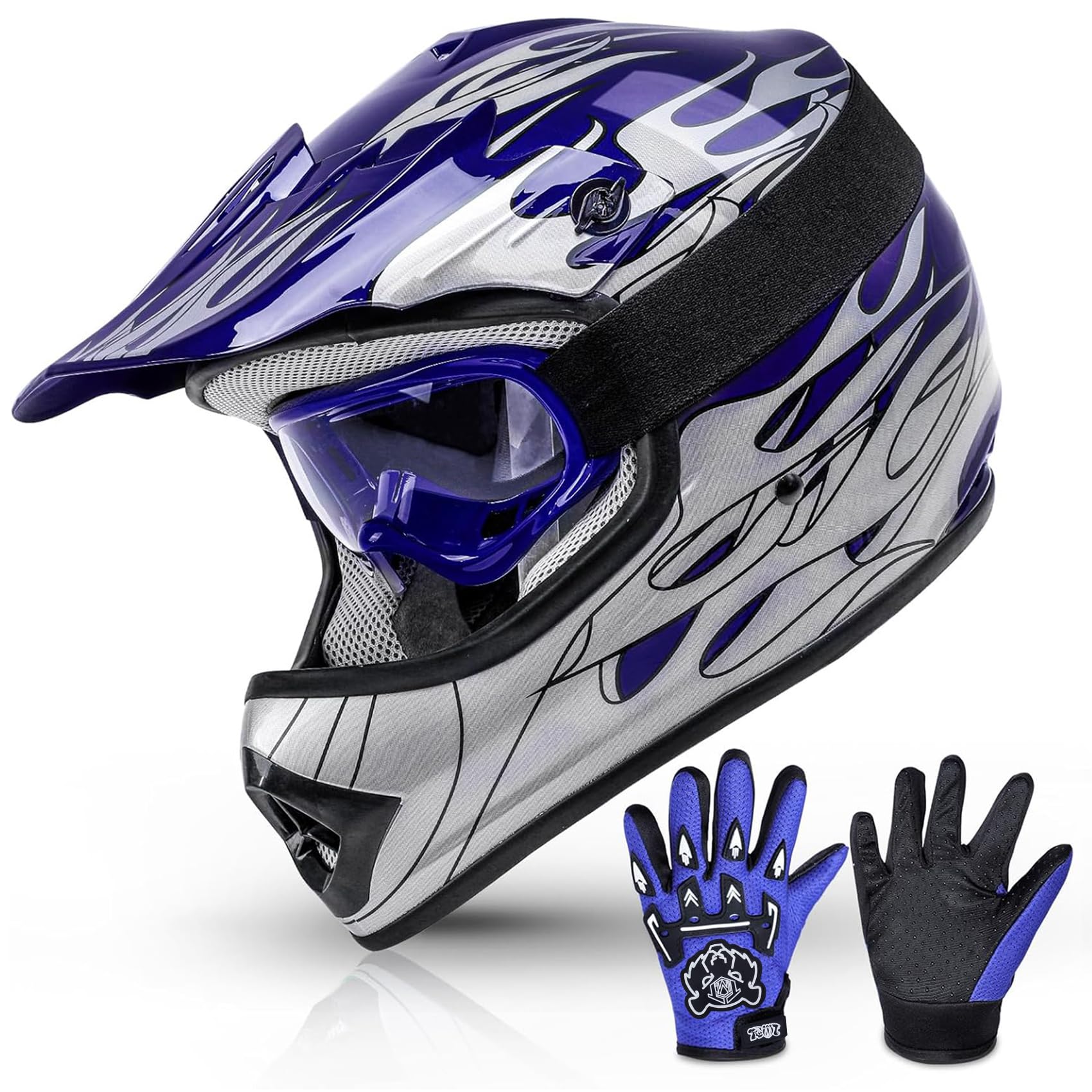 TCMT DOT Youth Kids Dirt Bike Helmet Youth Motocross Helmet Full Face ATV Four Wheeler Motorcycle BMX Helmet for Boys Girls, Off-Road Protective Gear with Goggles Gloves New