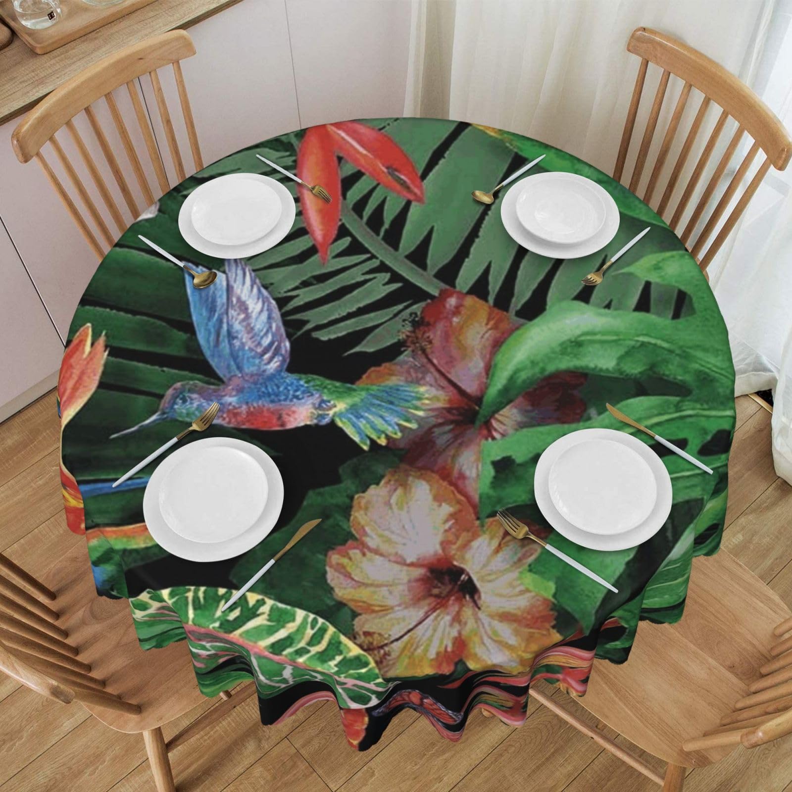 DCEHGEW 60 In Round Tablecloth with Lace, Tropical Plant Bird Flowers Printed Oilproof & Washable Fabric Picnic Table Cloth Table Covers