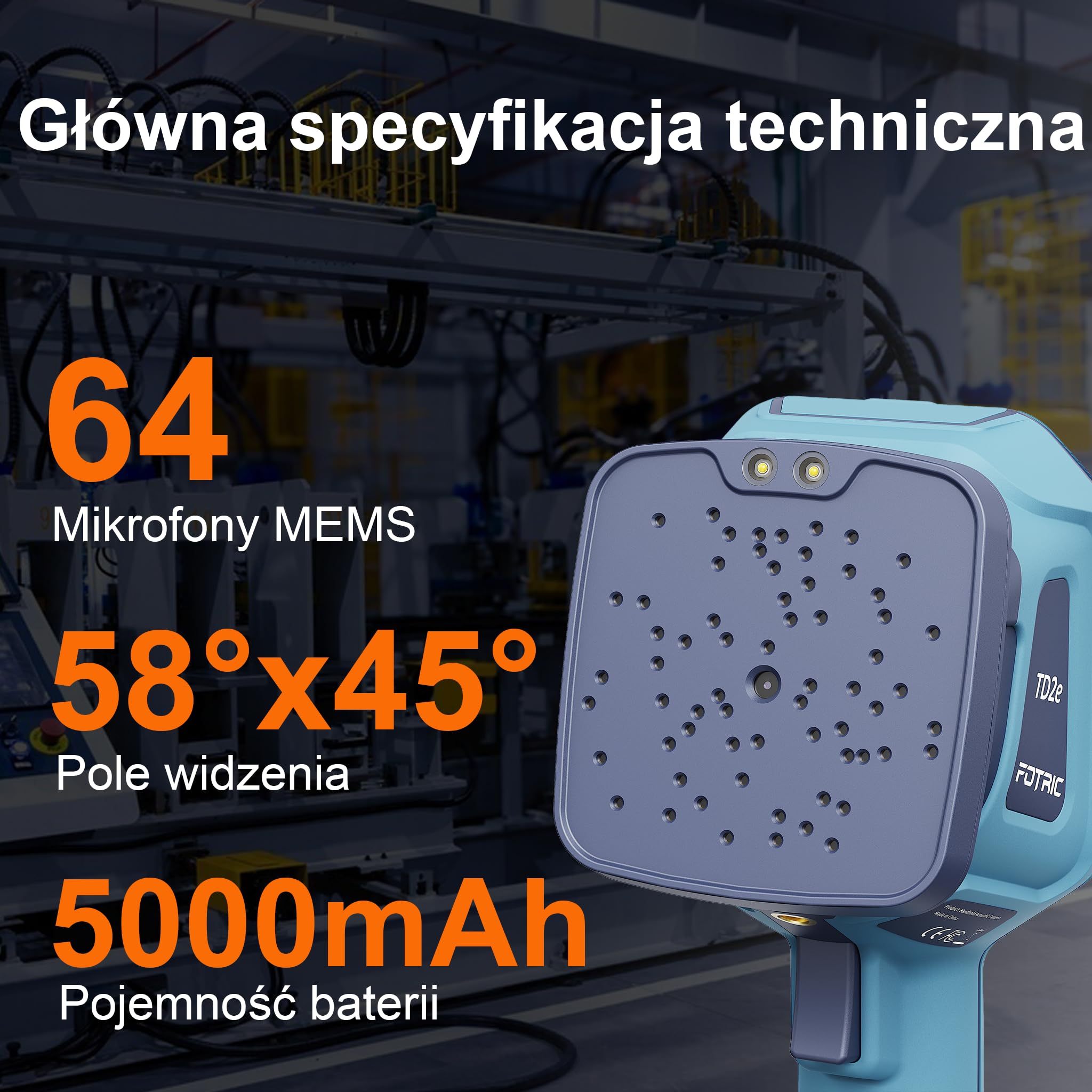 TD2e Kamera akustyczna, 64 mikrofony MEMS, detektor nieszczelności sprężonego powietrza, gazu i instalacji próżniowych, 2–100 kHz, ekran 3,5", 5 MP, przemysł, HVAC, utrzymanie ruchu