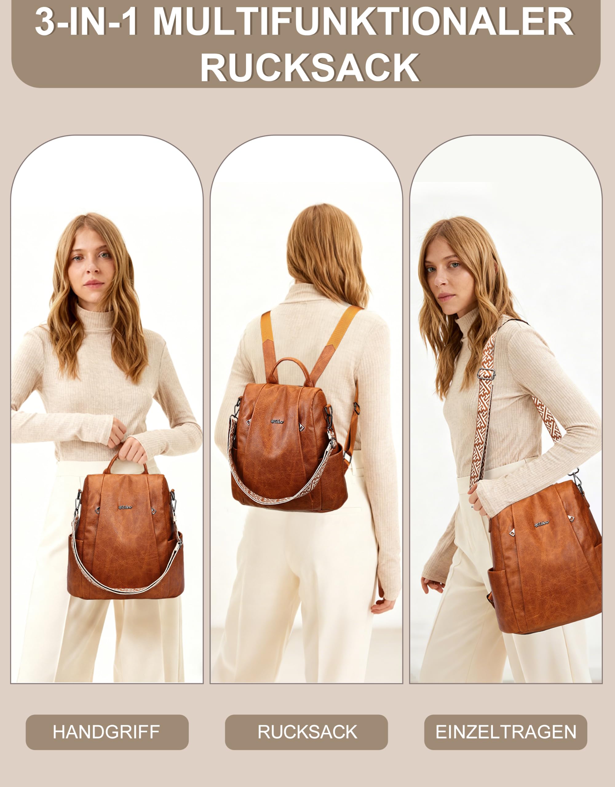 Rucksack Damen Klein Diebstahlsicher mit RFID-Blocker Braun