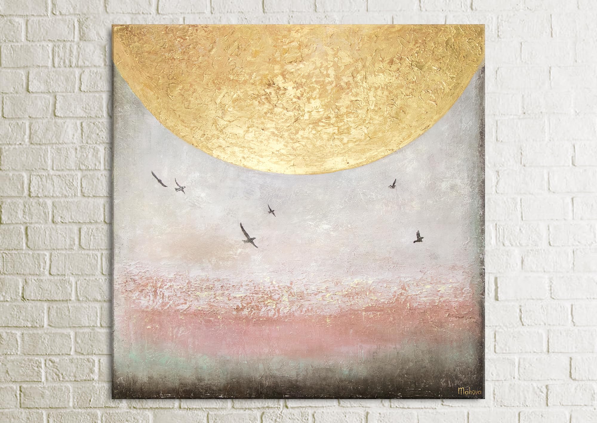 YS-Art Quadro Dipinto a Mano - Sole Dorato con Uccelli, Paesaggio