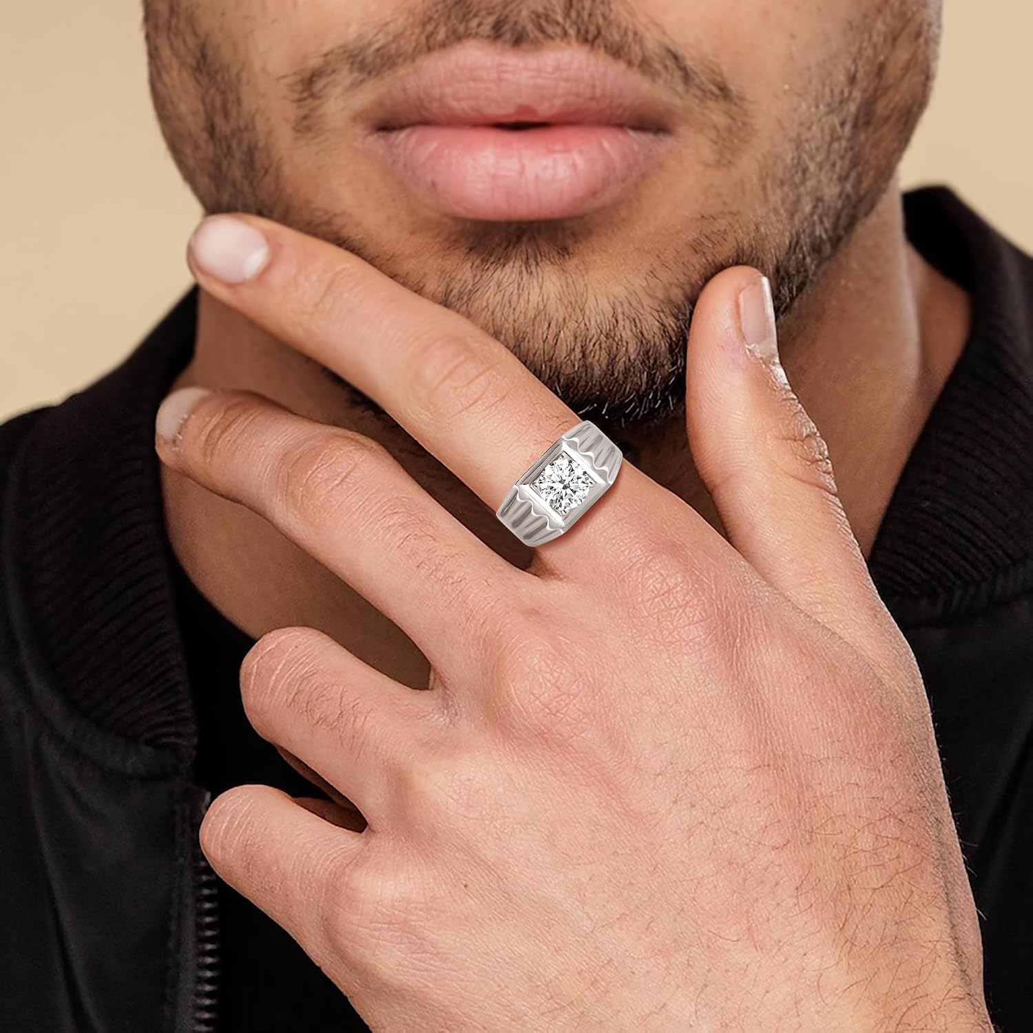 Jewelili Fine Silver Plate Wedding Band Round Cut White Cubic Zirconia Ring for Men | Rings for Marriage Bands | Father's Day Gift for Dad