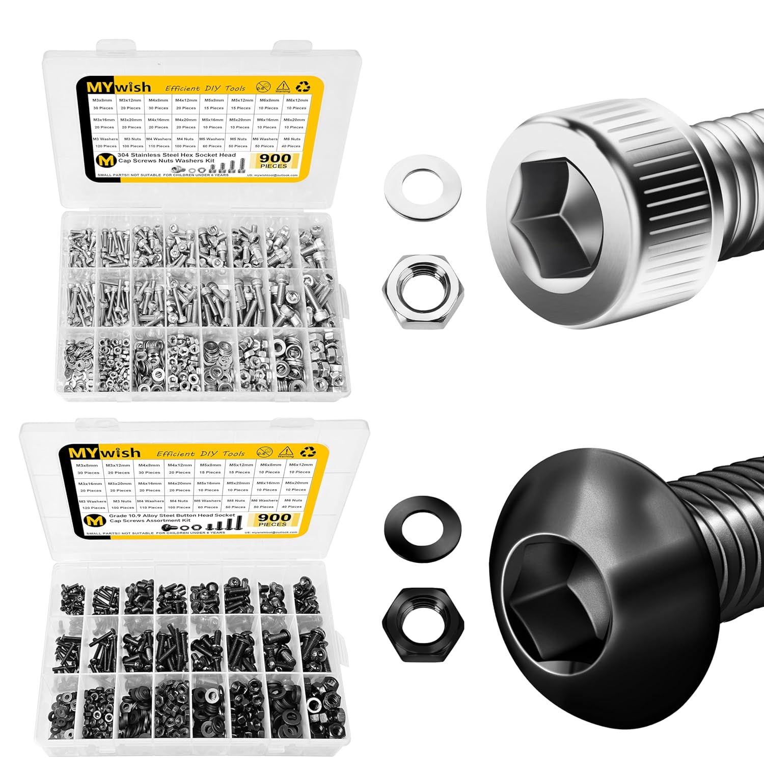 Mywish 900Pcs M3 M4 M5 M6 Metric Screw Assortment & 900Pcs Black Metric Screw Assortment Kit, Hex Socket Head Screws, Wrenches, Fully Threaded, Nuts and Bolts Assortment Kit