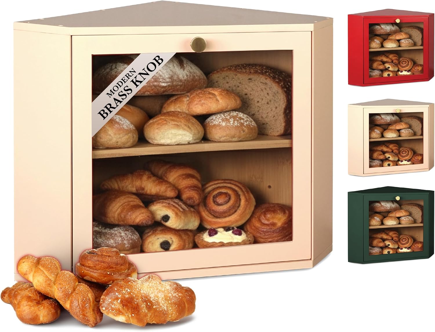 Corner Bread Box for Kitchen Countertop – 2 Tier Bread Box Corner Countertop Cabinet – a Large, Space-Saving, Multifunctional, Food-Safe Solution with Brass Knob & Airflow Control (Red)