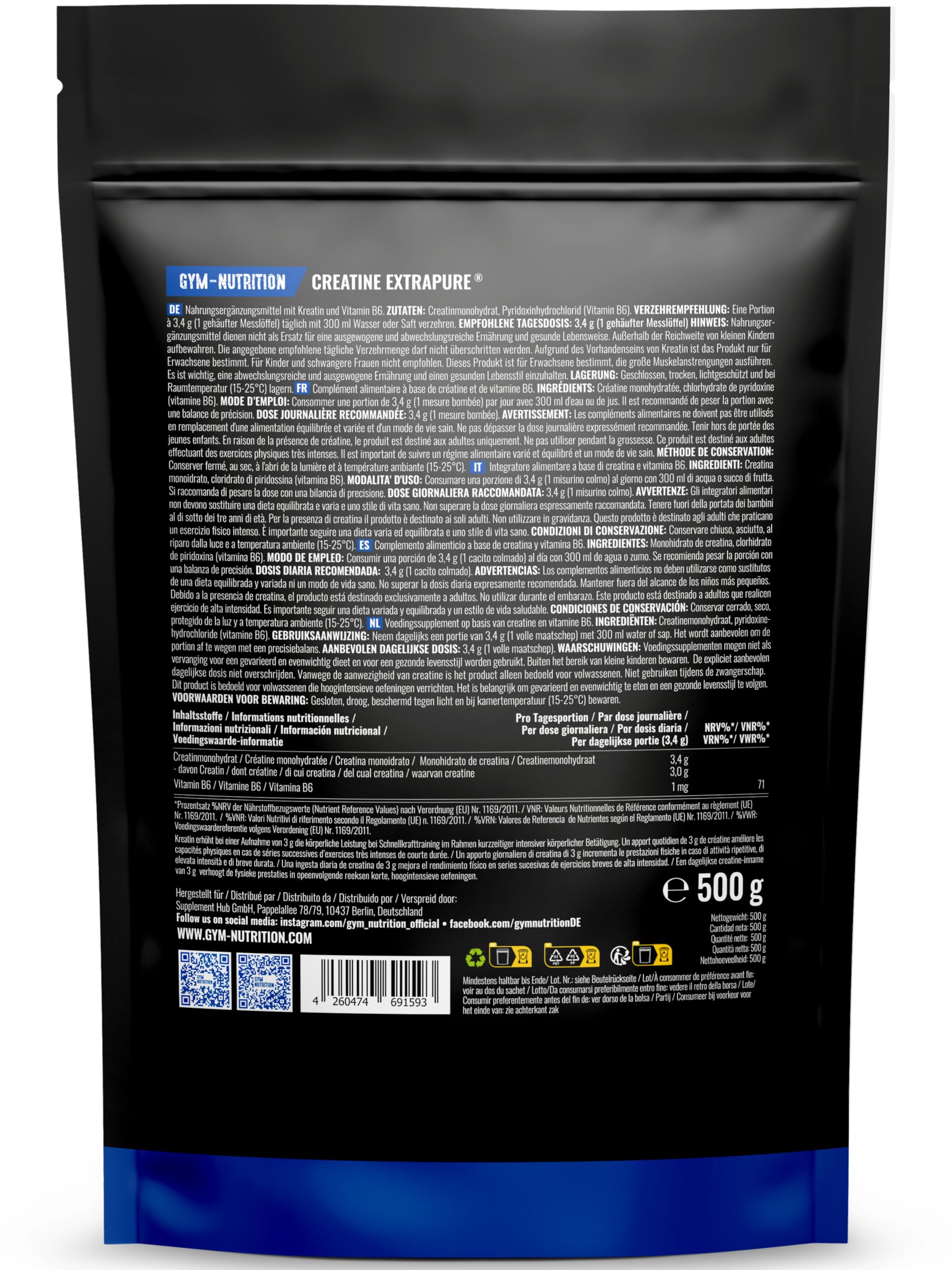Creatina Monoidrata 500g - 147 Porzioni - Extrapura & Senza Impurità - per fitness, allenamento e palestra - Vegan e Sviluppata in Germania - Si scioglie facilmente