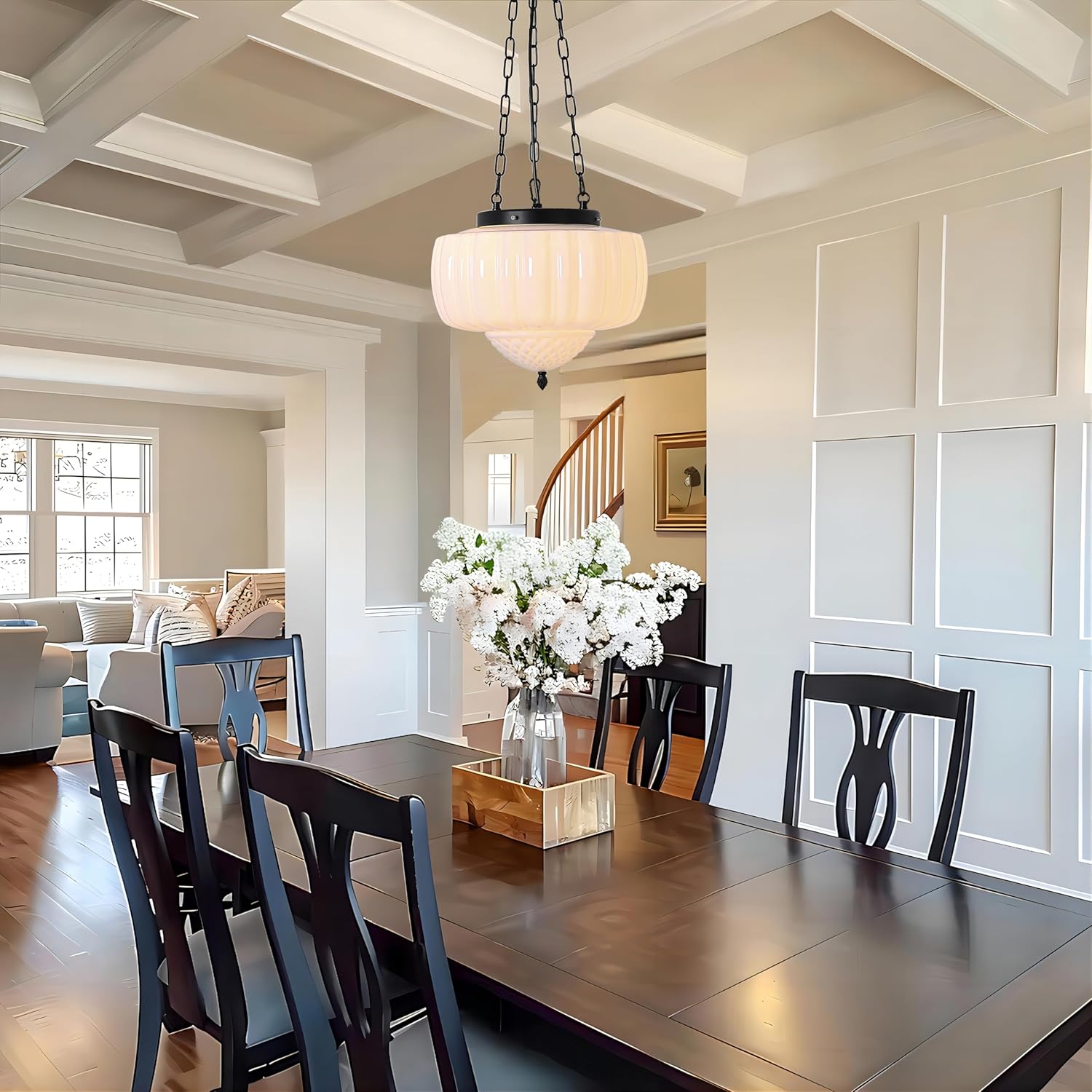 Large Milk Glass Pendant Light, 14" Mid Century Modern Schoolhouse Ceiling Light Fixture, Vintage Chandelier for Bedroom, Dining Room, Hallway, Kitchen Island, Bulb Included, White