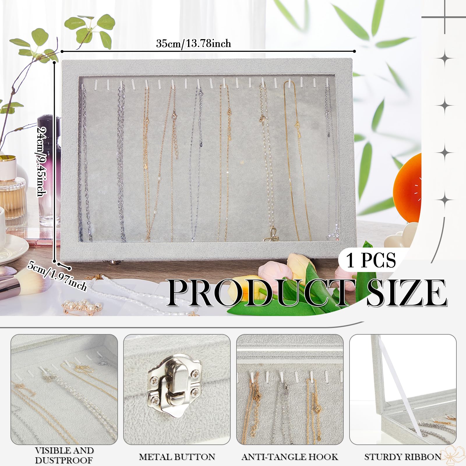 3 Pcs Jewelry Display Cases Velvet Jewelry Trays with Transparent Lid 36 Grid Ring Necklace Holder Box Earrings Bracelet Storage Organizer for Necklace Pendants Women Girls (Gray)