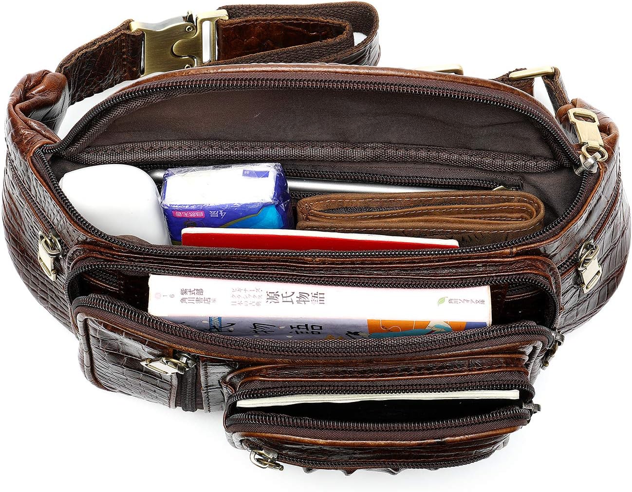 Genuine Leather Fanny Pack large capacity Crossbody Waist Bag with Zipper phone Pockets crocodile coffee - Image 6