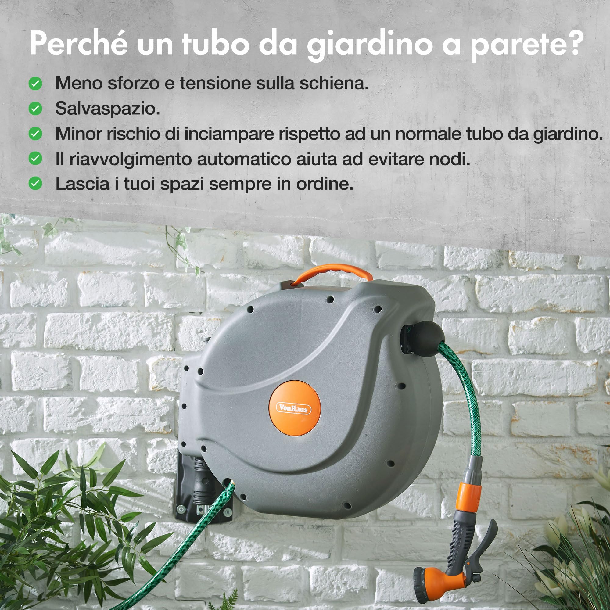 Avvolgitubo da Giardino – Tubo Irrigazione con Avvolgitubo da Parete Retrattile, con Blocco e Riavvolgimento Automatici, Elementi di Fissaggio e Pistola a 8 Modalità, Rotazione 180° (20 m)