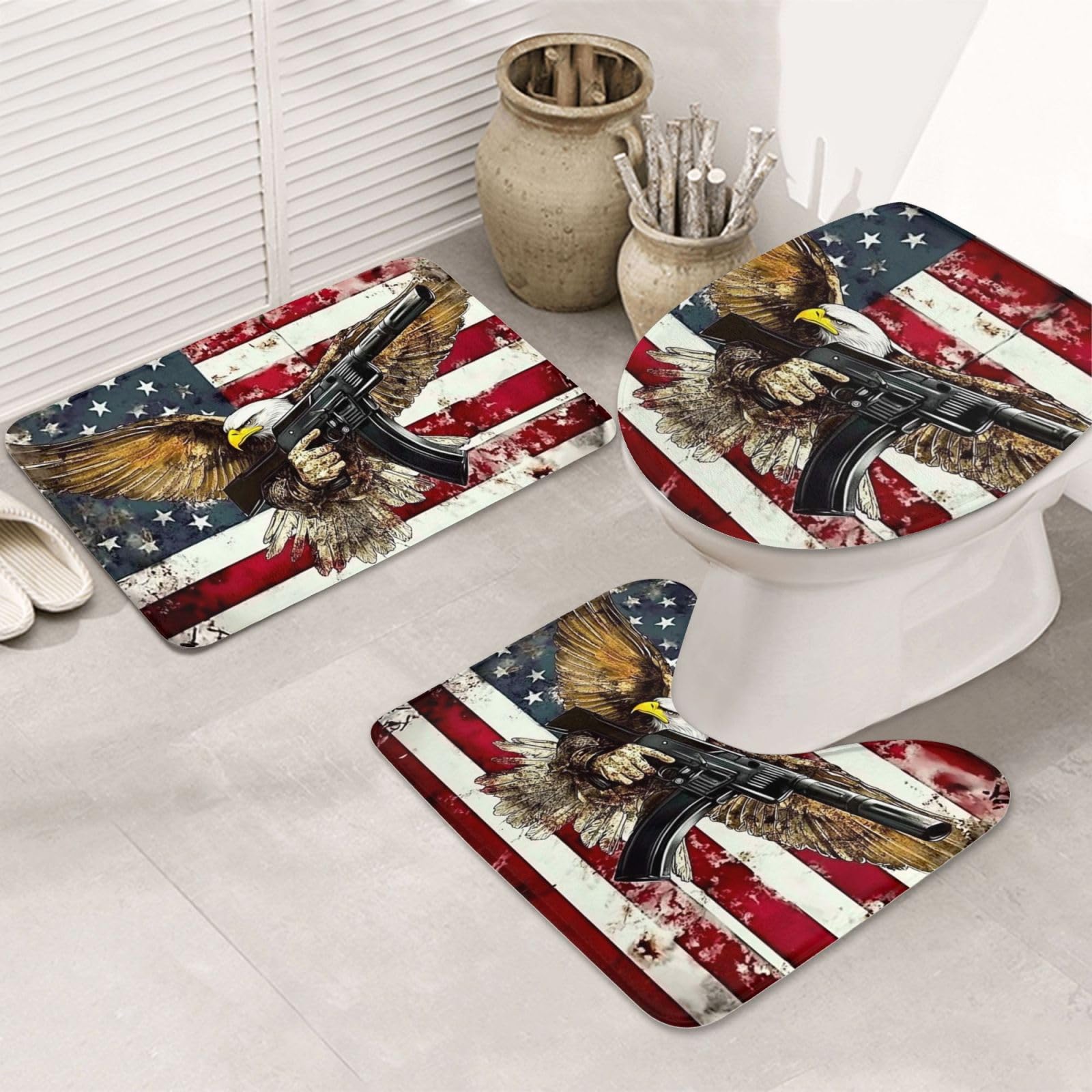 Juego de alfombras de baño de 3 piezas, diseño de bandera estadounidense y águila, tapetes de baño de espuma viscoelástica suave y absorbente y alfombra de inodoro en forma de U, decoración del hogar