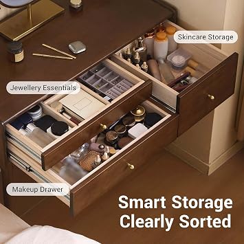 YESWOOD Dressing Table, Vanity Makeup Table, Multi-Functional Study Desk With Drawers, AA-Grade Rubber Wood Retro Storage Dresser In Walnut Finish For Bedroom Living Room Study Dressing Room