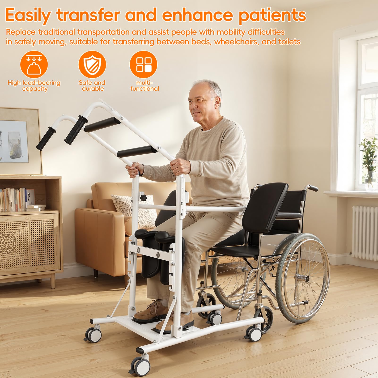 Silla de transferencia de elevación para pacientes sentados y de pie, silla de transferencia de ayuda para ancianos con ruedas bloqueables, almohadillas acolchadas para reposamuñecas, marco de acero