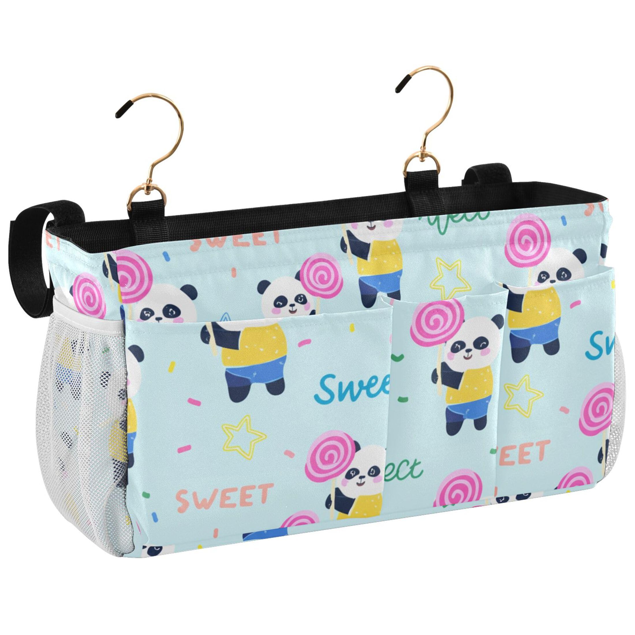 Burbuja Pandas Holding Lollipops Bedside Caddy Hanging Storage Organizer with 2 Straps and Hooks for Home College Dorm Bunk Bed Hospital Bed Crib