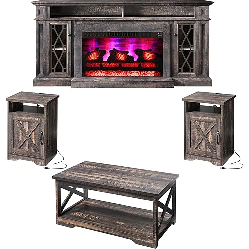 AMERLIFE 4 Pieces Living Room Table Sets, 70" Farmhouse TV Stand with 33" Electric Fireplace, Coffee Table & 2 End Tables with Charging Station and USB Ports, Living Room, Dark Oak
